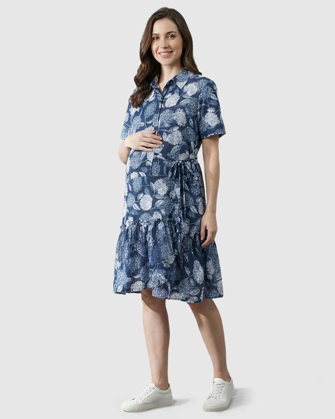 Floral-Lapel Casual Maternity Midi Dress