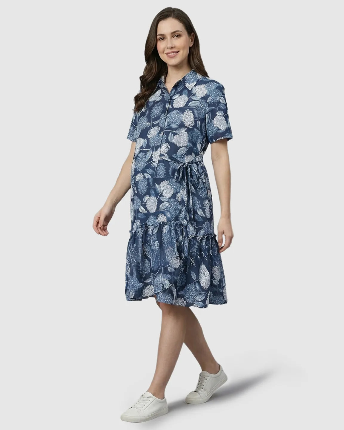 Floral-Lapel Casual Maternity Midi Dress