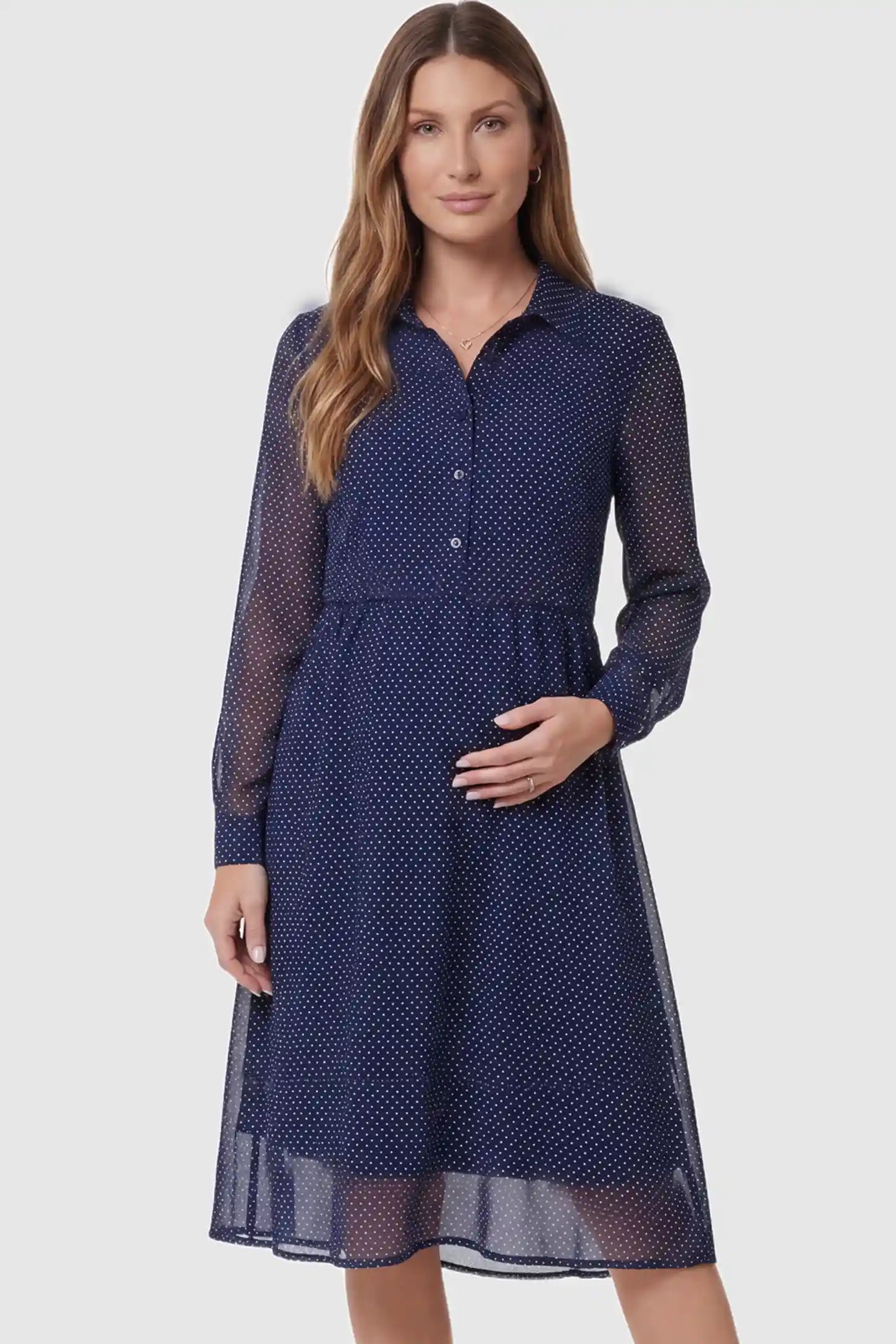 Shirt collar long sleeve V-neck short maternity & nursing dress in dark blue with collared neckline, front view on pregnant model
