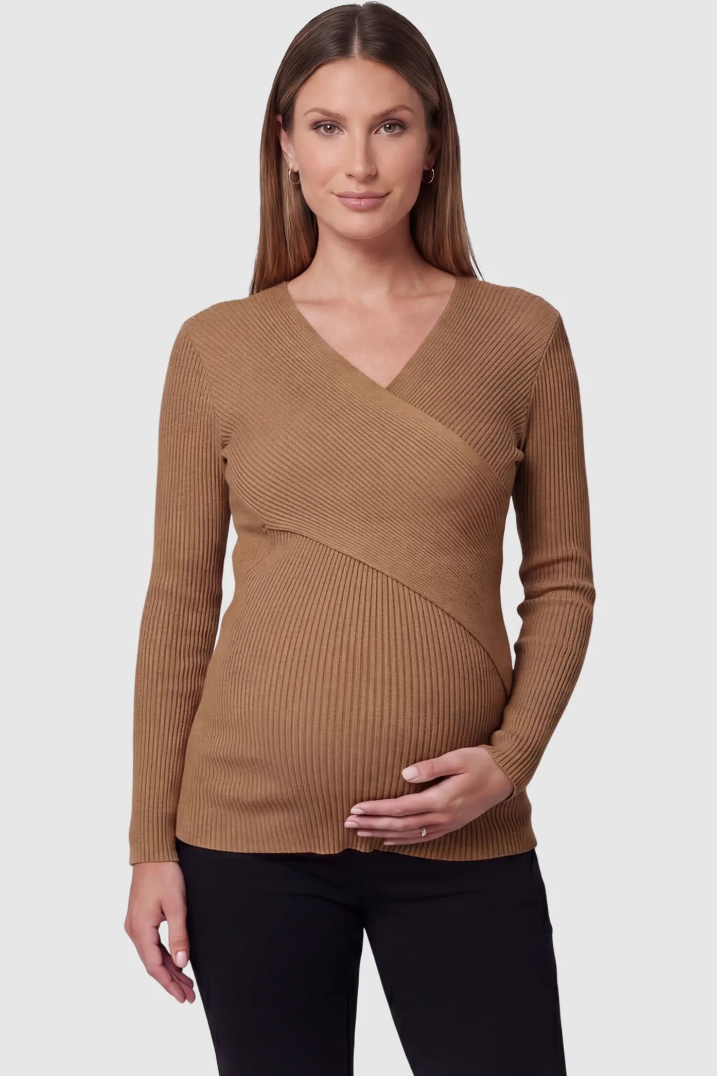 Cross-Over Ribbed Knit Maternity & Nursing Top in Coffee featuring a wrap neckline and textured finish on a pregnant model, front view.