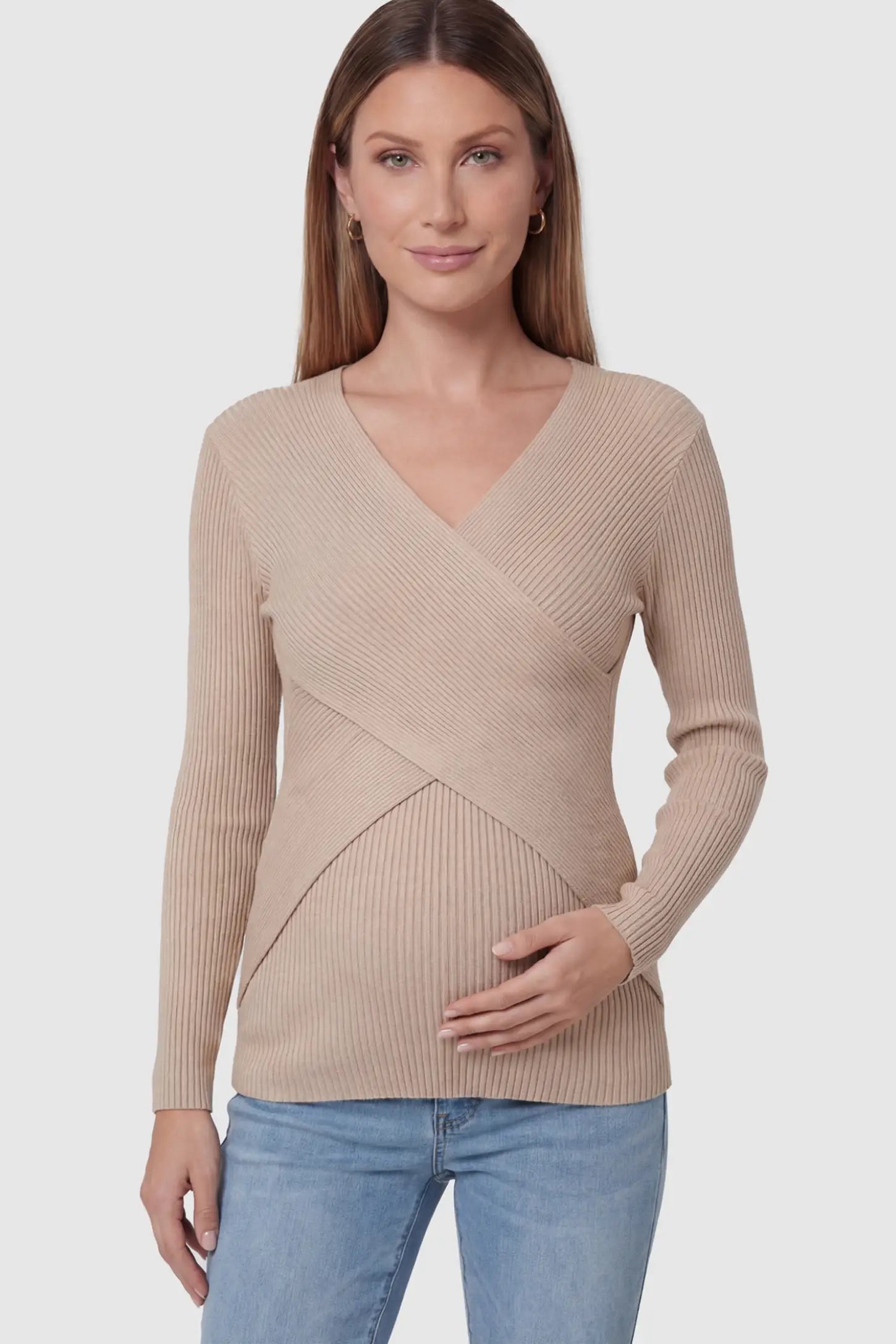 Cross-Over Ribbed Knit Maternity & Nursing Top in Khaki featuring a wrap neckline and textured finish on a pregnant model, front view.