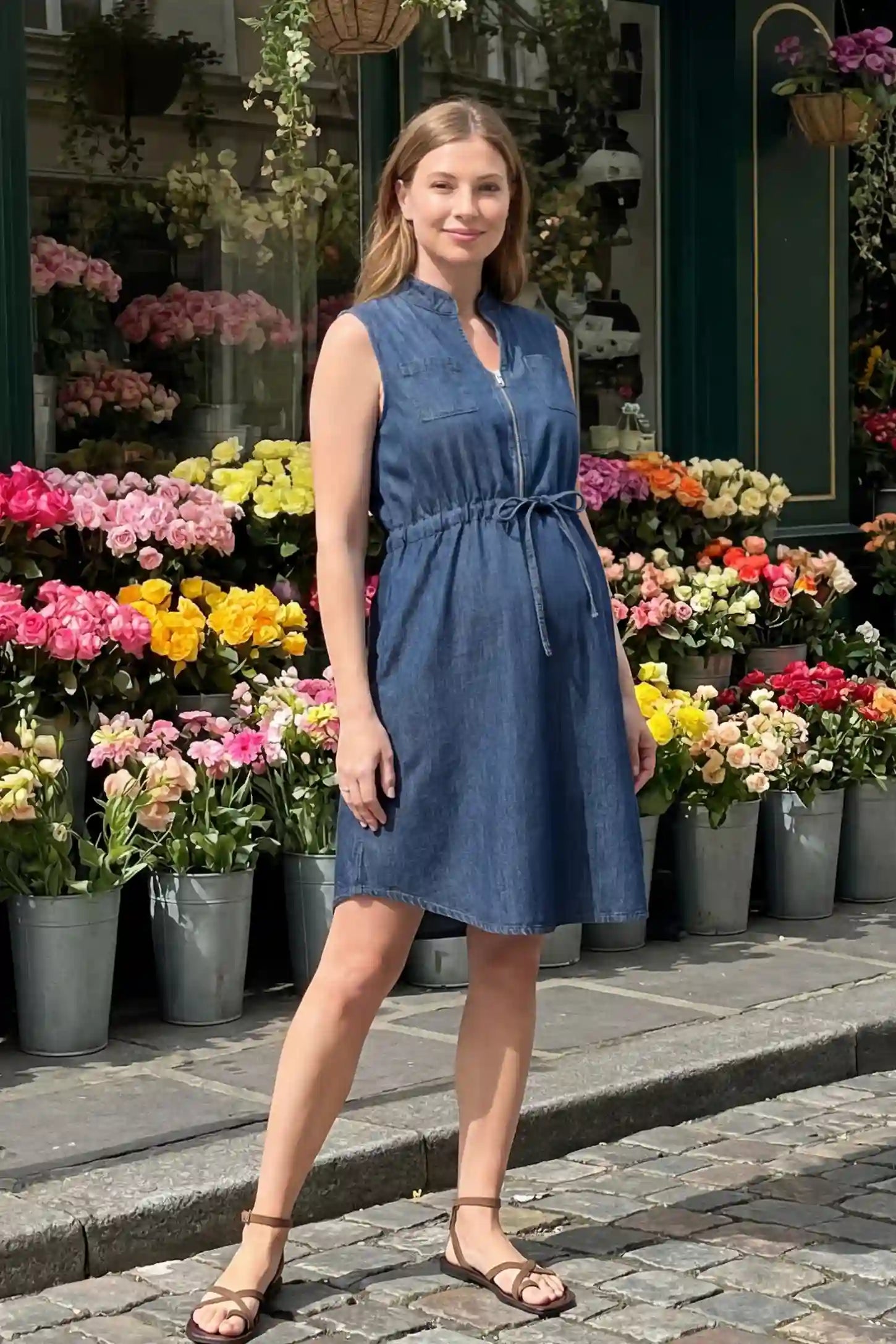 Denim Sleeveless Maternity & Nursing Midi Shirt Dress in dark blue featuring front zipper, stand collar, and adjustable drawstring waist on a editorial lifestyle model showing front.