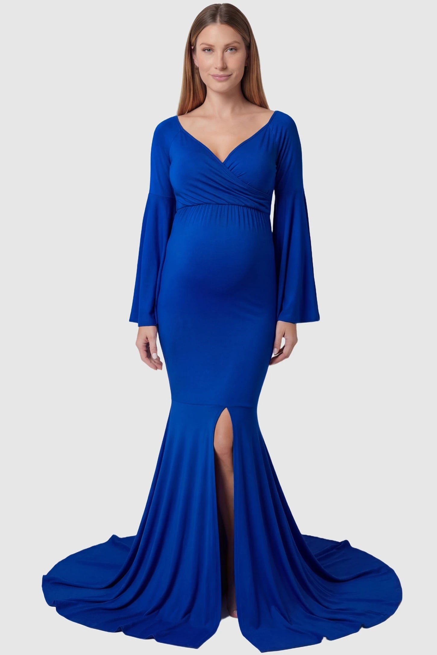 Wrap Flared Fishtail Maternity Gown in Blue featuring a sweetheart neckline on a pregnant model front view.