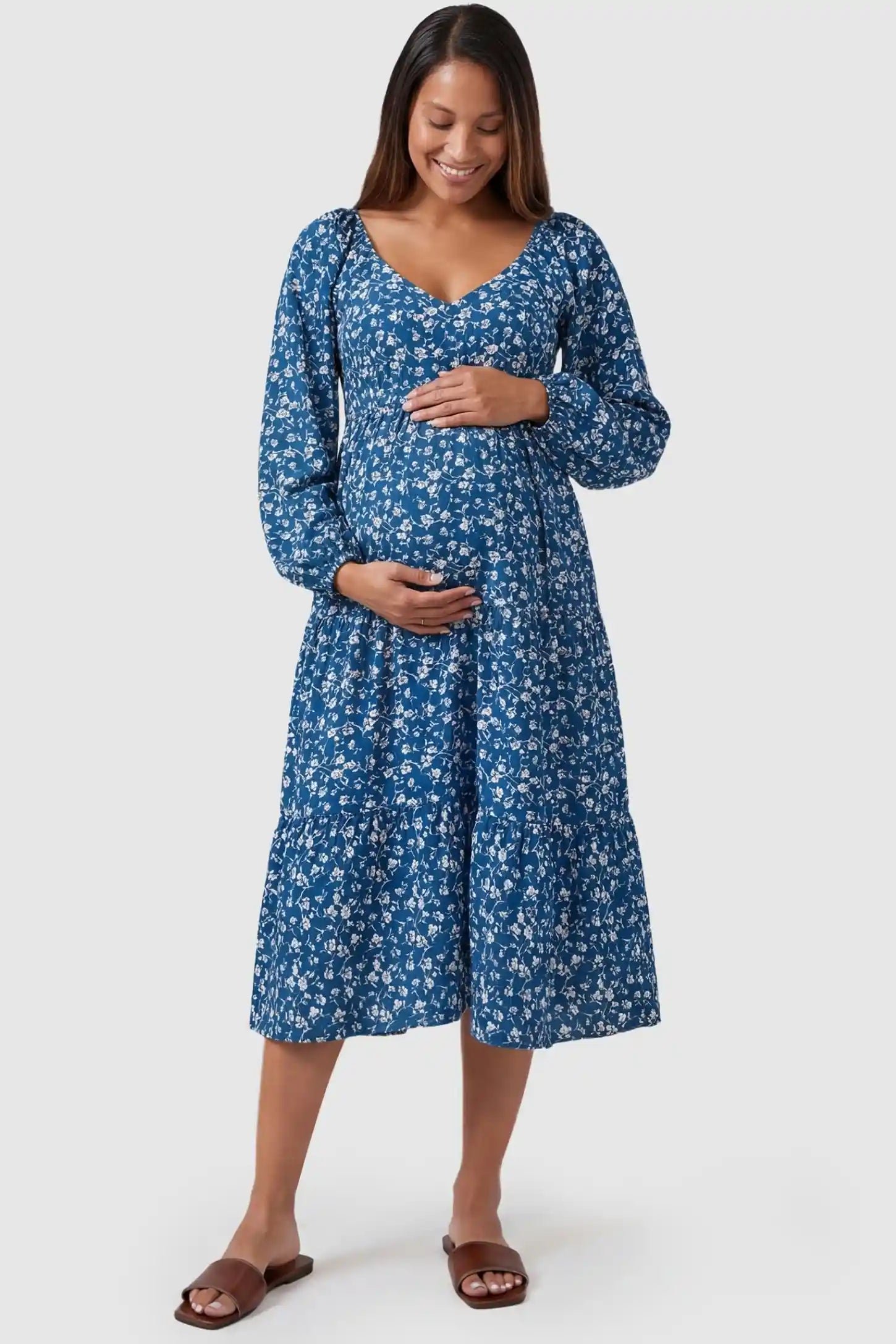 Floral Balloon Sleeves Midi Maternity Dress in Blue featuring a V-neckline on a front-facing pregnant model.