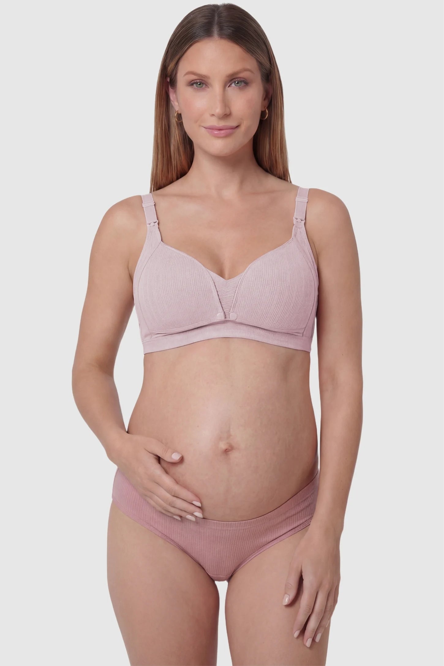 Front-Open Buckle Wire-Free Maternity Nursing Bra in Pink featuring one-second release snaps on a front view of a pregnant model.