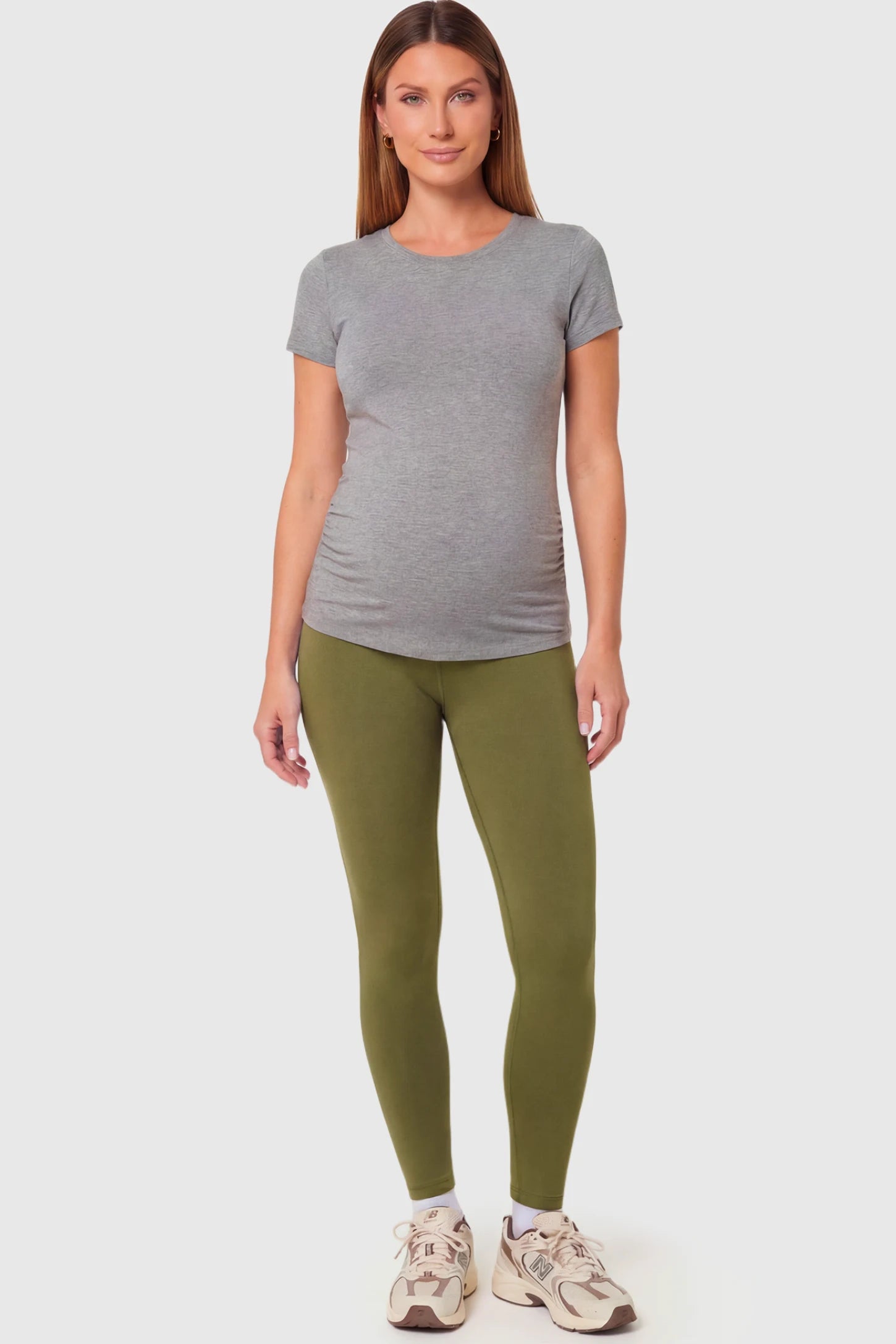 Full-Panel Ankle-Length Maternity Yoga Leggings in army green featuring over-the-belly support and full-length fit on pregnant model.