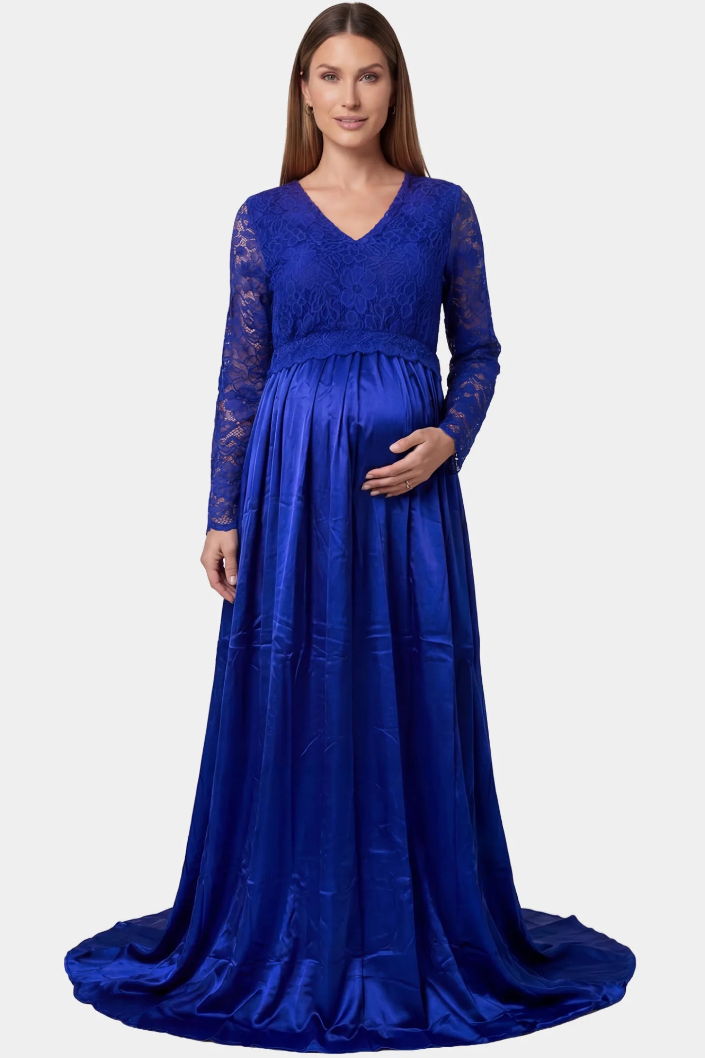 Lace-spliced silk long sleeve maxi maternity dress in blue featuring trailing skirt in full body front view on a pregnant model