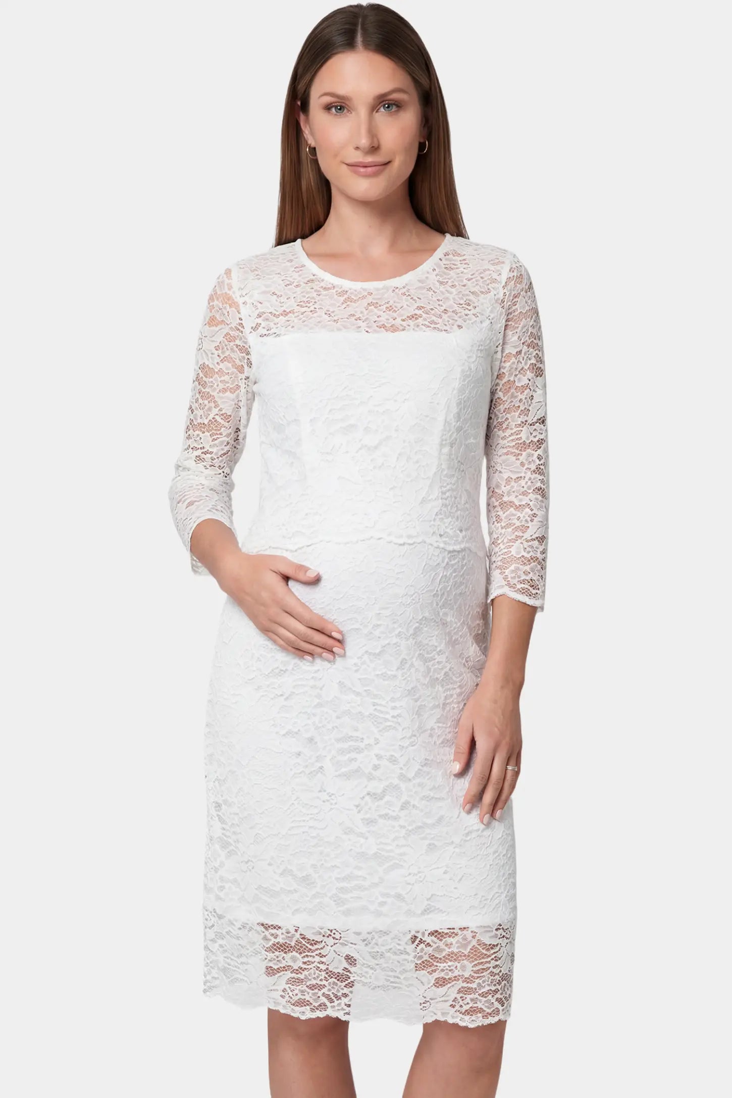Lace mid-length sleeve midi maternity and nursing dress in white featuring refined lace detailing in front view on a pregnant model