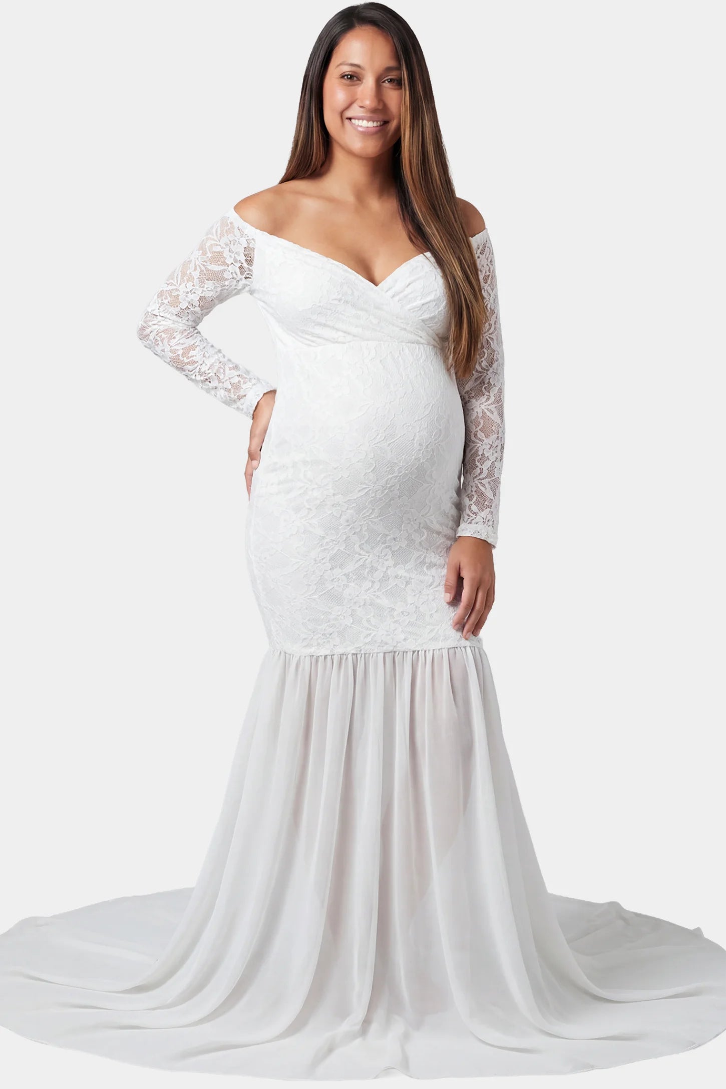 Lace-spliced off-shoulder long sleeve maxi maternity gown in white featuring refined off-shoulder neckline in front view on a pregnant model