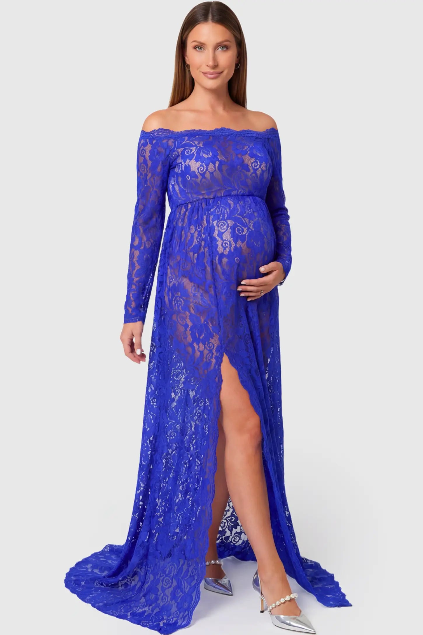 Lace Long Sleeve Maternity Gown in blue featuring off-shoulder scalloped lace trim neckline and sweep train on pregnant model.