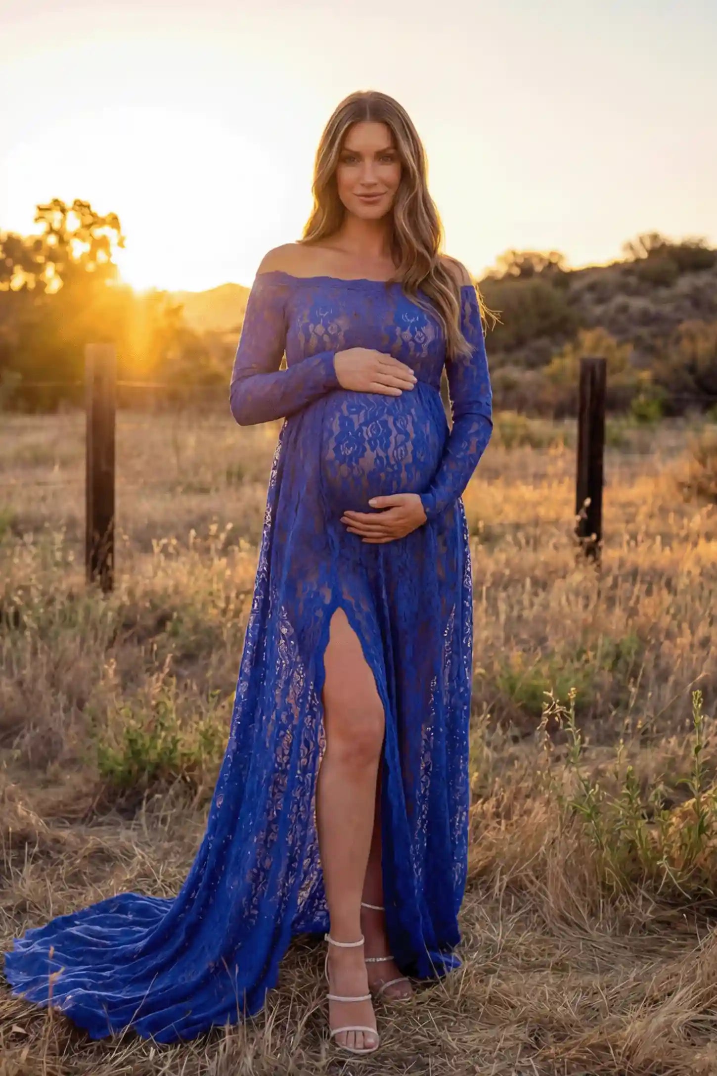 Lace Long Sleeve Maternity Gown in blue featuring off-shoulder scalloped lace trim neckline and sweep train on pregnant model.
