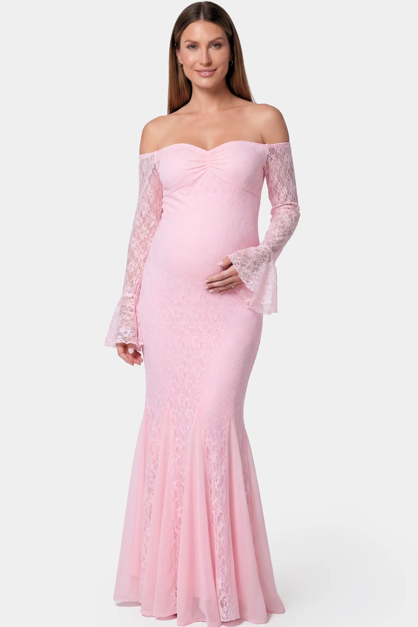 Lace Off Shoulder Mermaid Maternity Gown in pink lace featuring a sweetheart neckline, long sleeves, and a fitted mermaid silhouette on a pregnant model.
