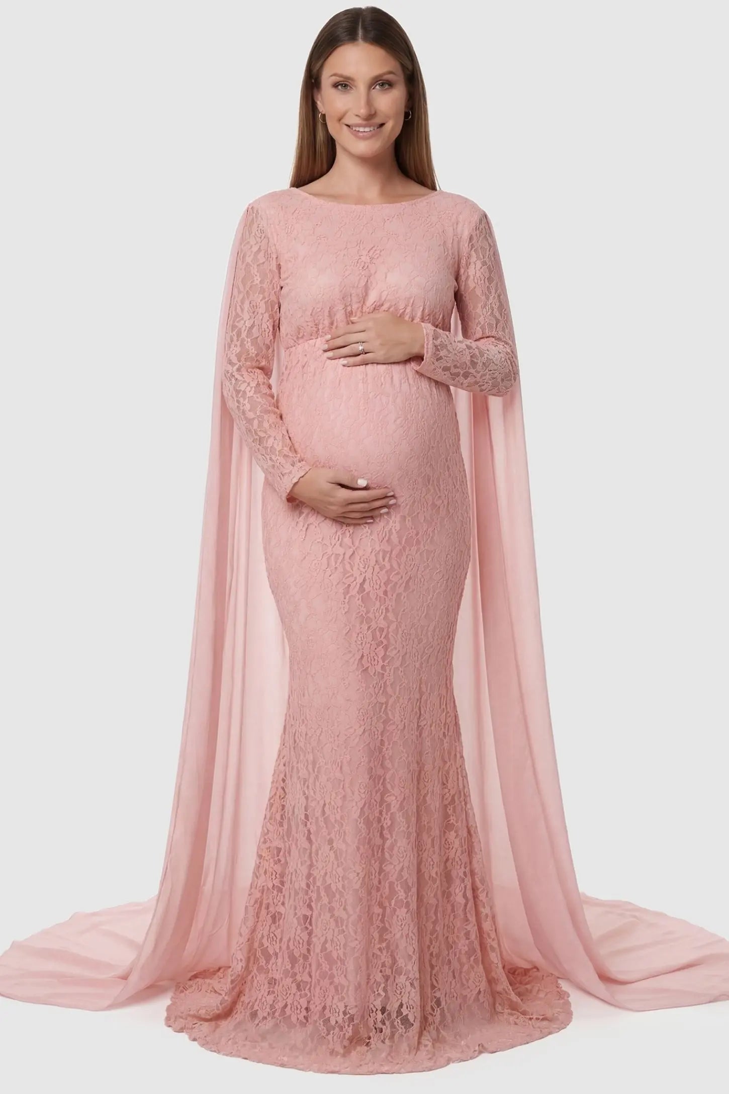 Lace & Chiffon Spliced Maternity Photoshoot Gown in Fruit Pink featuring an intricate lace bodice on a pregnant model front.