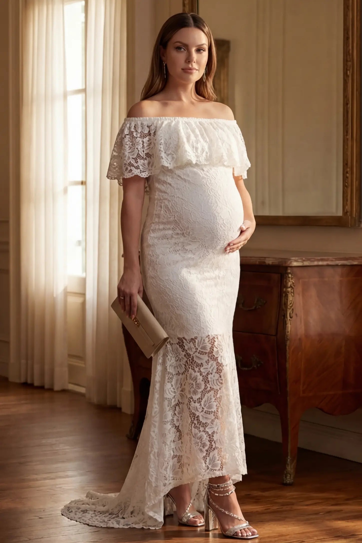 Lace Off-the-Shoulder Flutter Sleeve Maternity Dress in White featuring a sheer lace skirt detail on a side-view pregnant model.