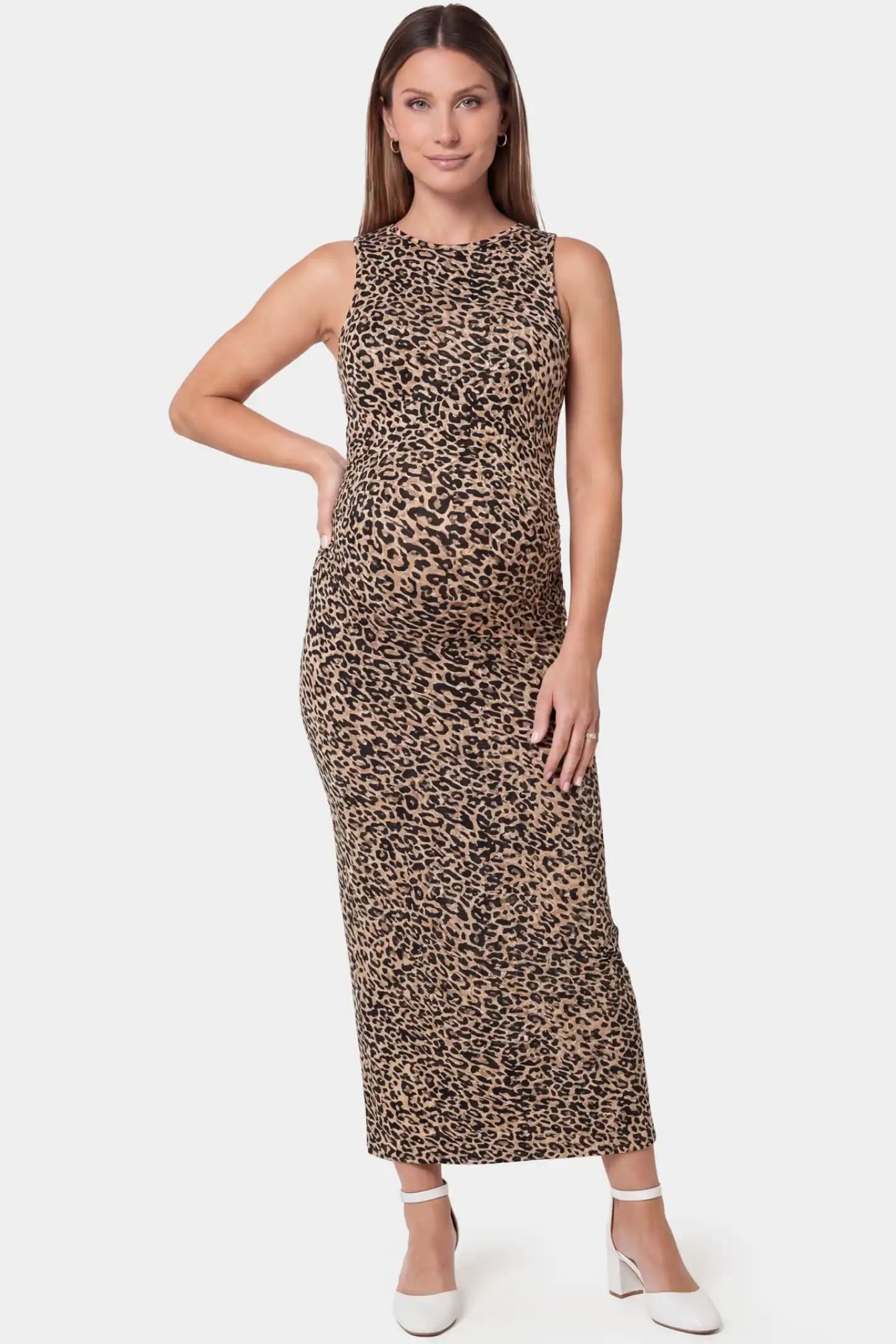 Leopard print sleeveless bodycon maxi maternity dress in dark colorways featuring bold animal print in front view on a pregnant model