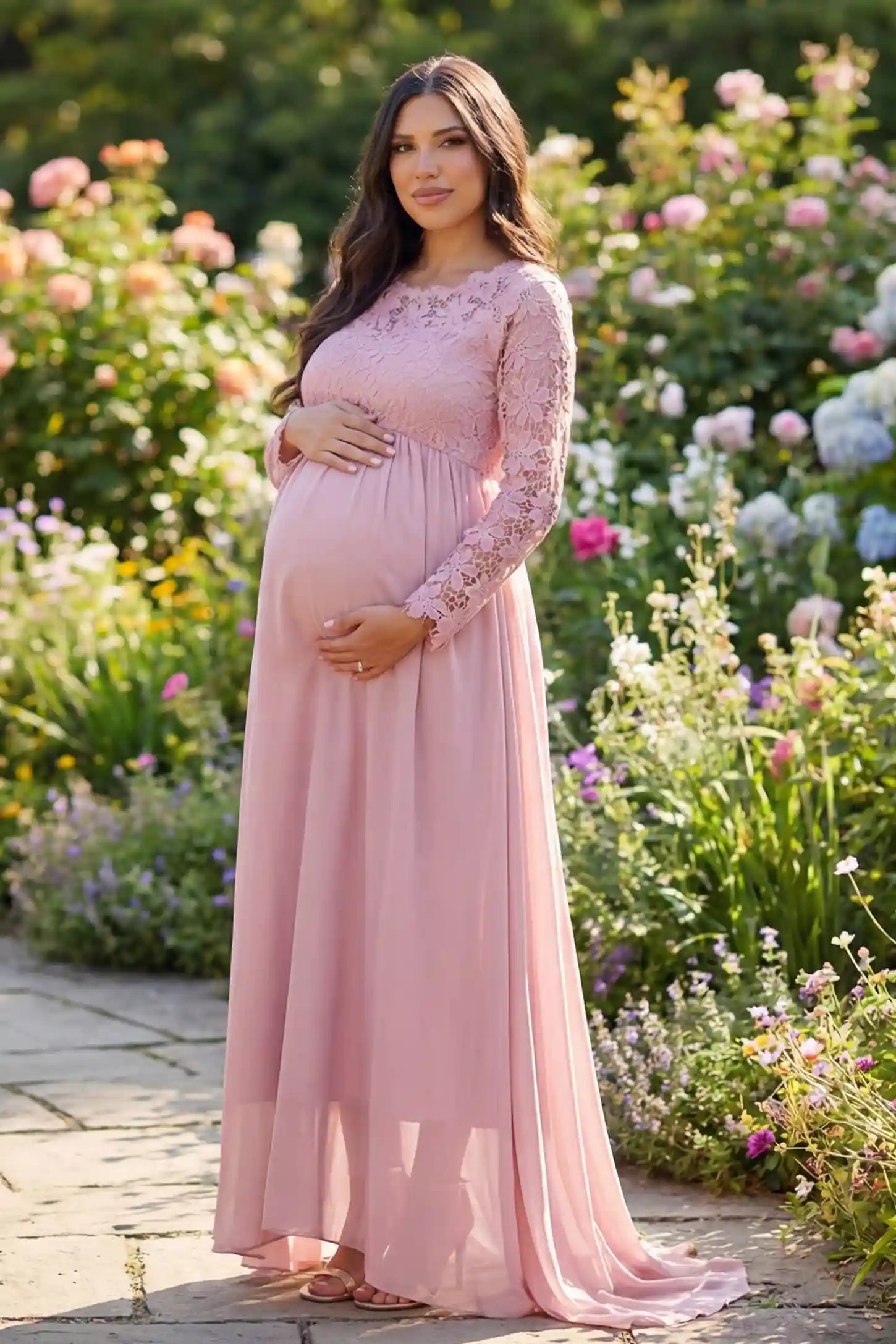 Lace long sleeve full skirt maxi maternity dress in pink with elegant long sleeves & lace bodice, front view on pregnant model