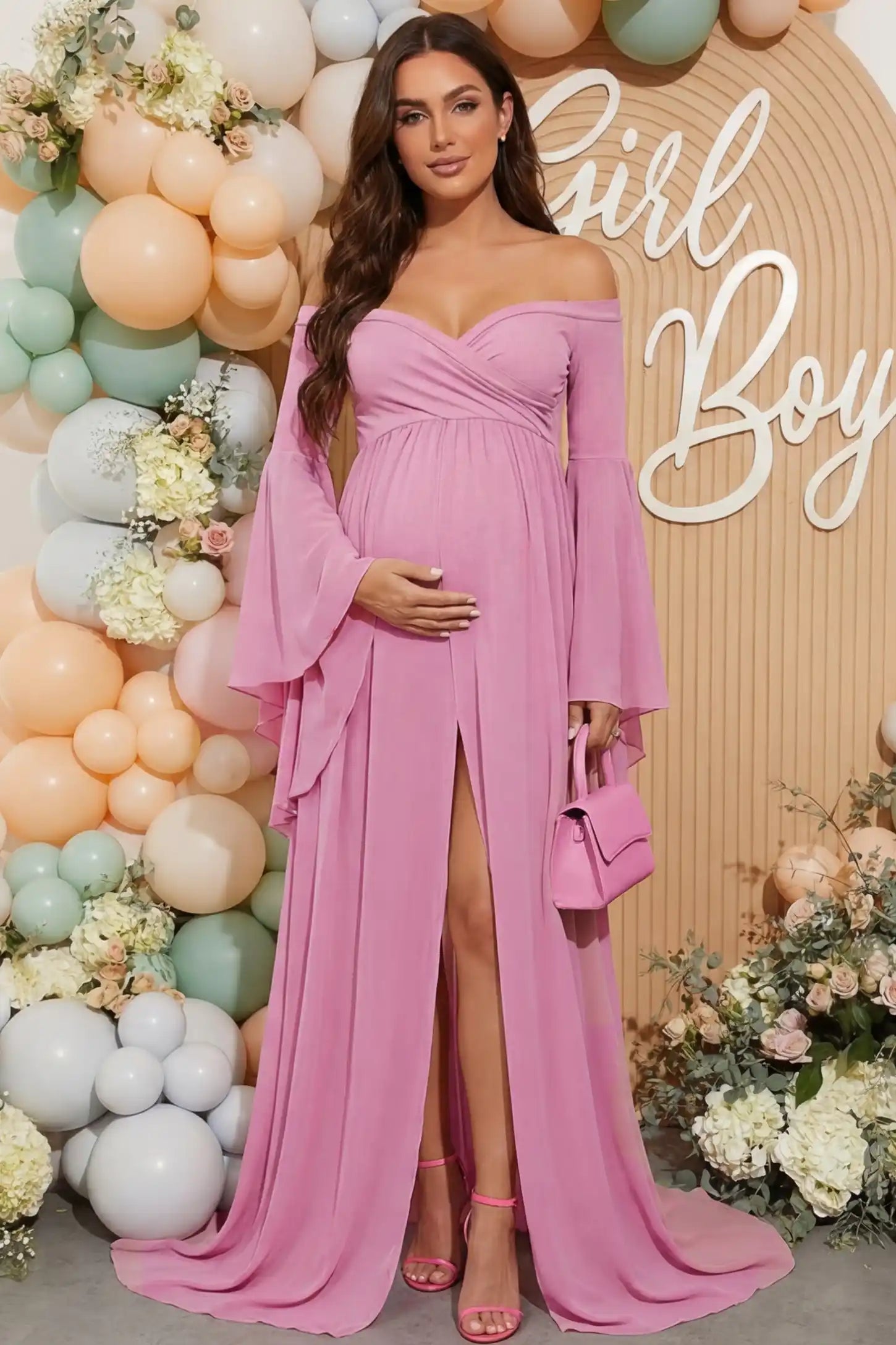 Off-the-shoulder long train maternity gown in lime pink featuring off-shoulder and long-train in full body front view on a editorial lifestyle model