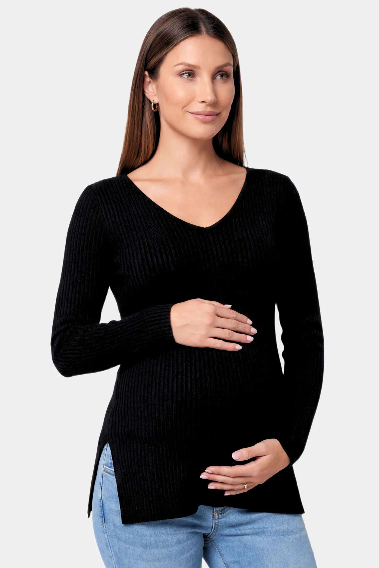 Ribbed V-Neck Longline Maternity Top in Black featuring a relaxed longline tunic silhouette on model.