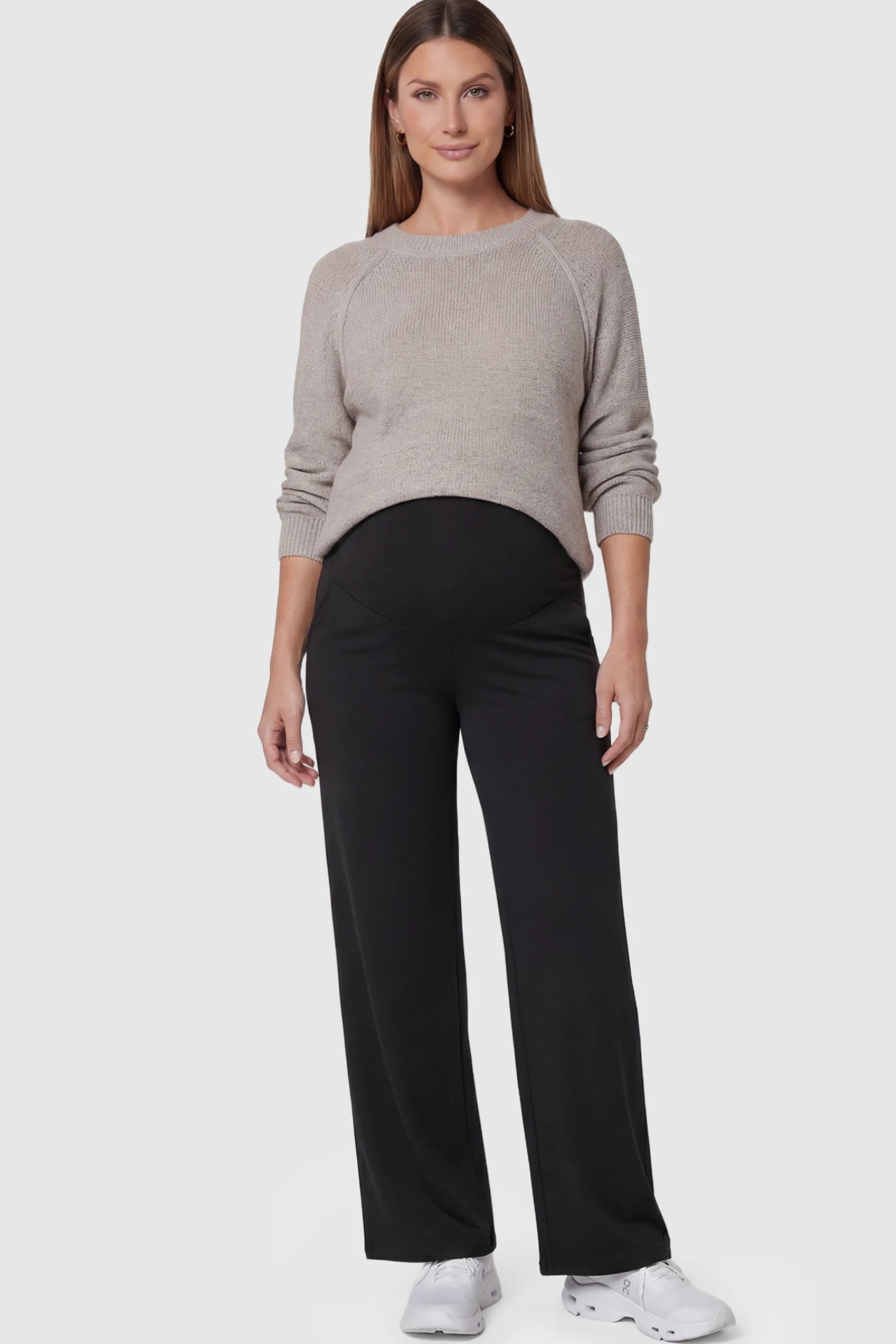 Ruched Full Panel Wide-Leg Maternity Pants in Black featuring side pockets on a pregnant model.