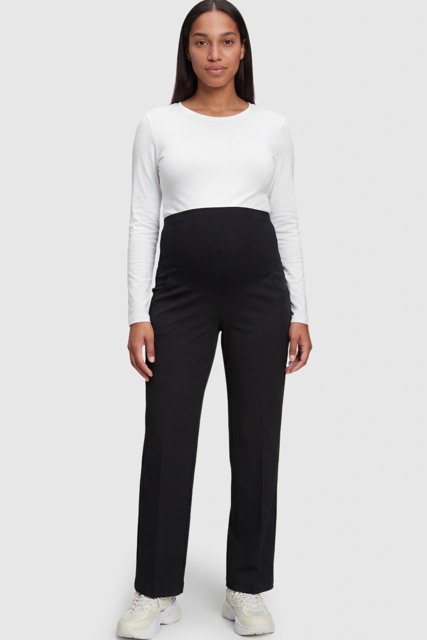 Cotton Full Panel Straight Leg Maternity Pants in Black featuring a high jersey waistband on a pregnant model.