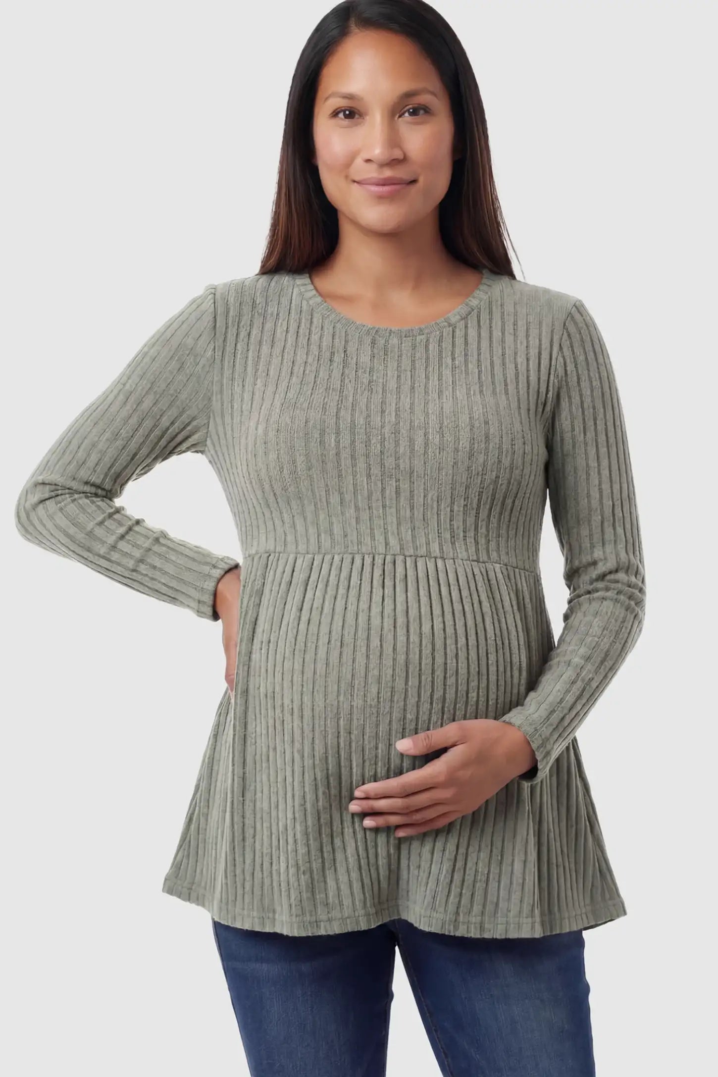 Ribbed Knit Long Sleeve Maternity Top in Olive Green featuring an empire waist and high-stretch fabric on a pregnant model.