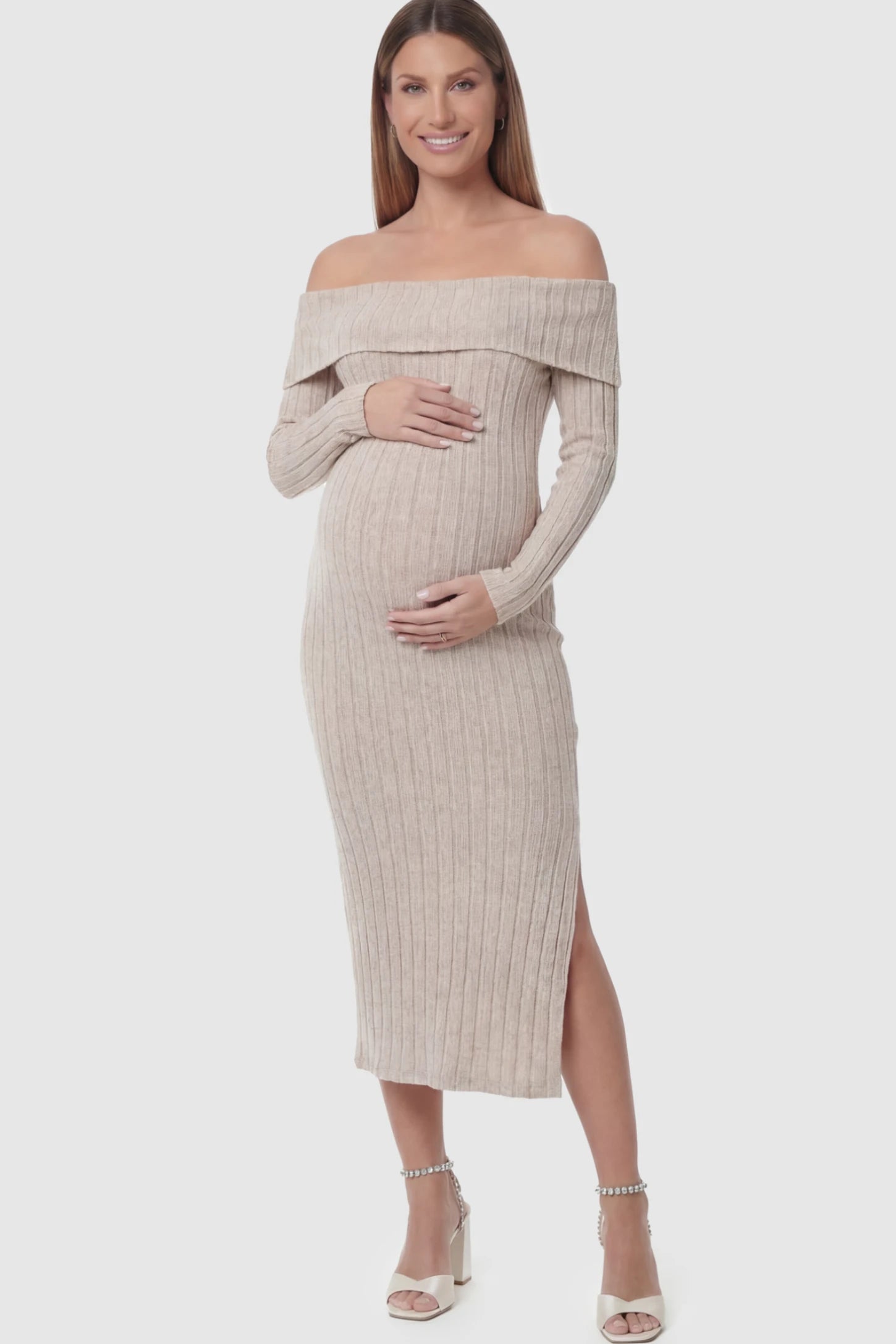 Ribbed Knit Side Slit Off Shoulder Maternity Midi Dress in Apricot featuring a fold-over neckline on a pregnant model.