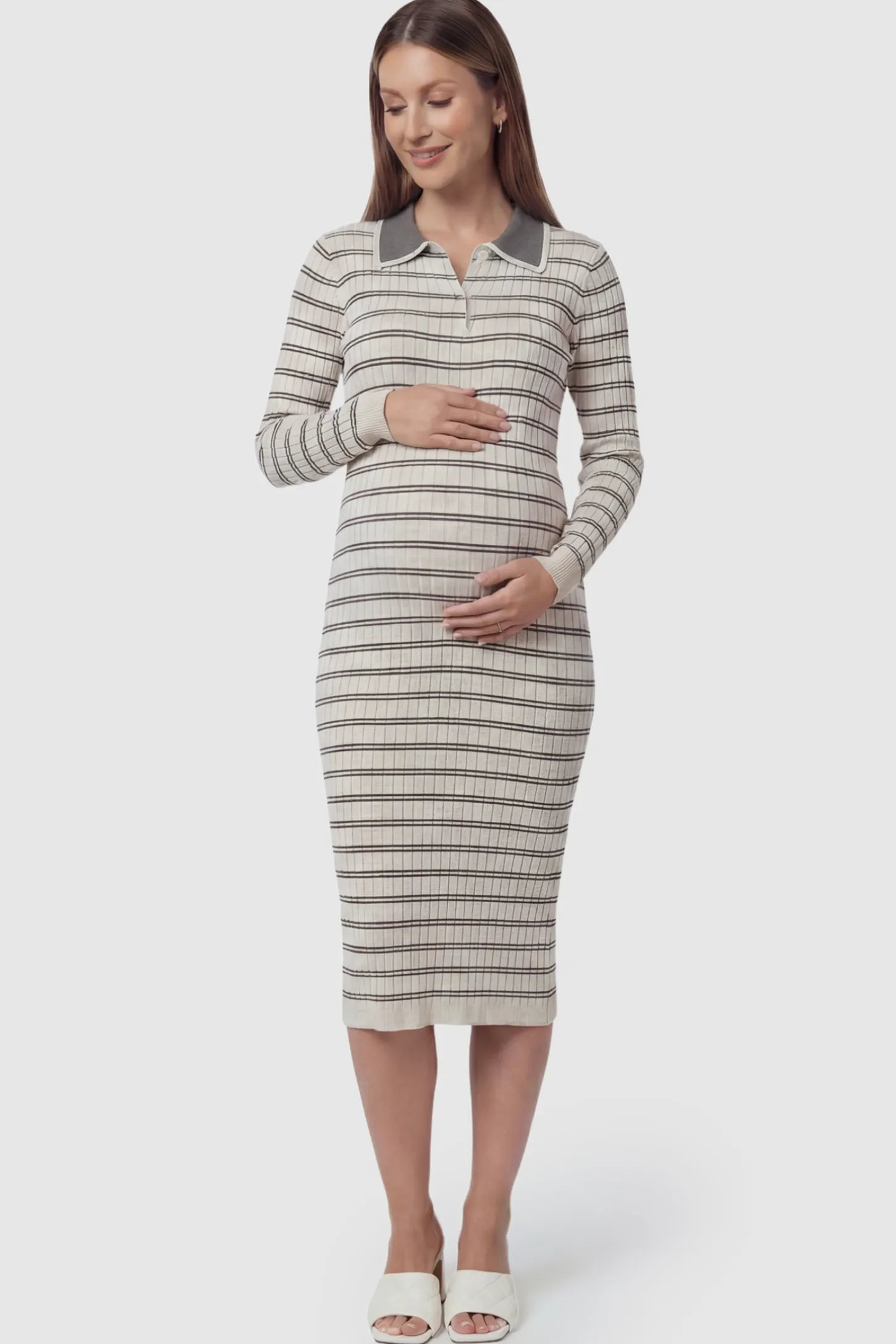 Rib-Knit Straight-Tube Maternity Midi in Off-White Stripes featuring a contrast polo collar on a pregnant model.