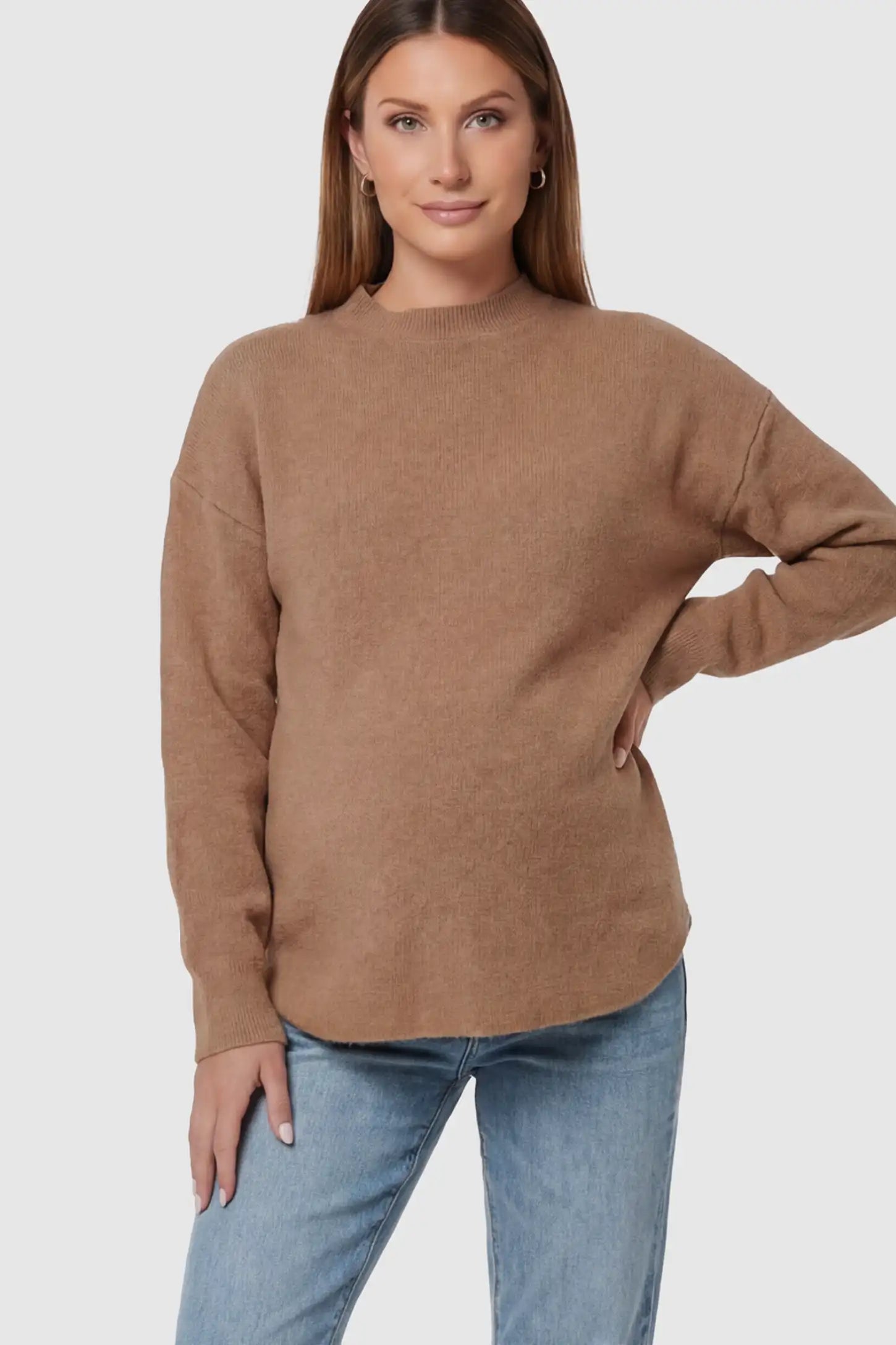 Mock Neck Long Sleeve Maternity Sweater in Coffee thickened woolen fabric on a pregnant model.
