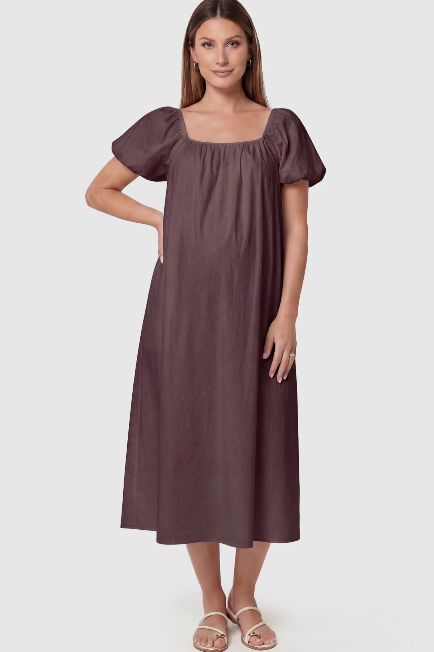 Puff Sleeve Square Neck Midi Maternity Dress in Dark Brown featuring a breathable cotton blend on a pregnant model.