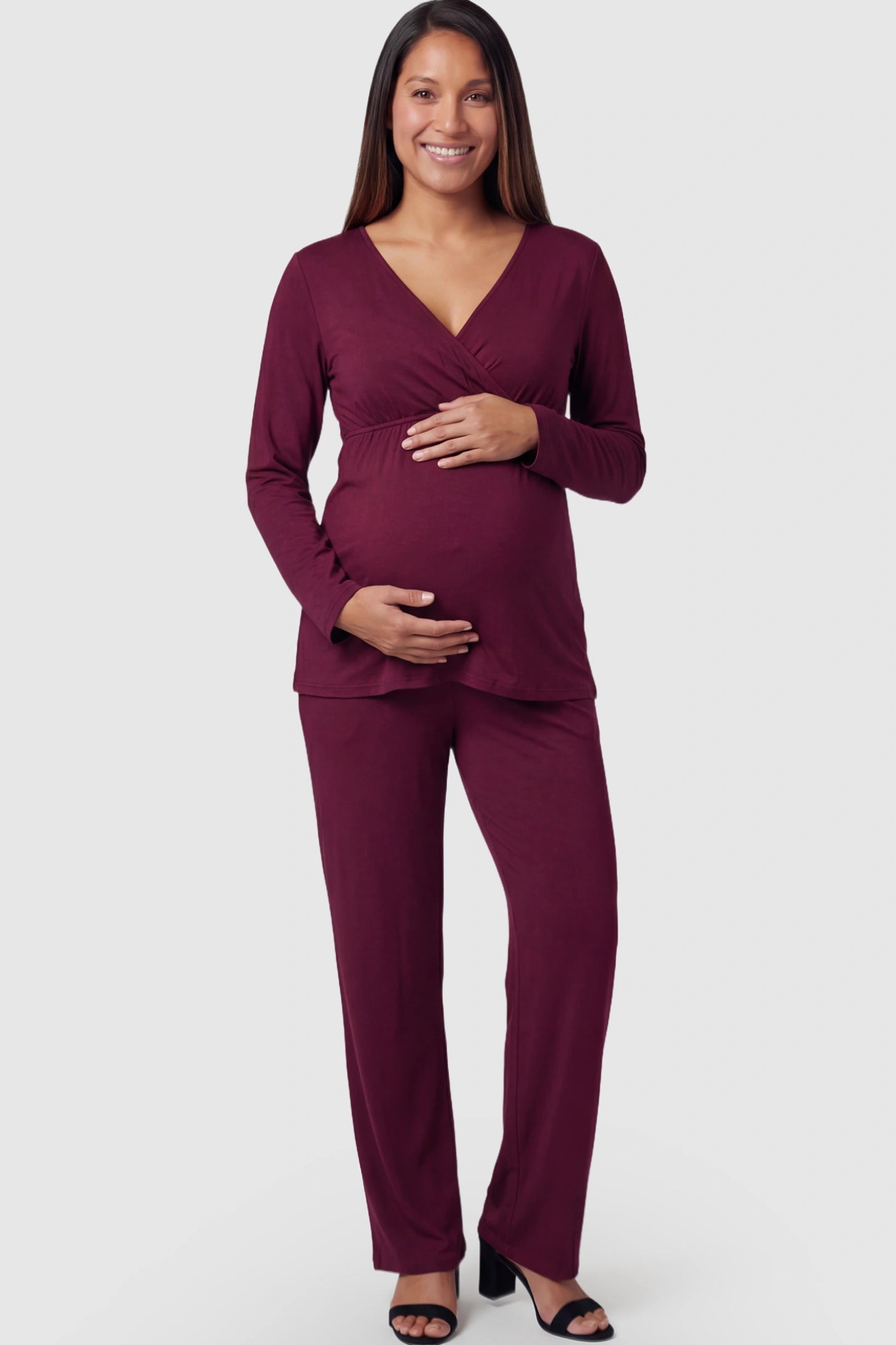 V-Neck Long Sleeve Maternity Lounge Set in Burgundy featuring a crossover front on a pregnant model.