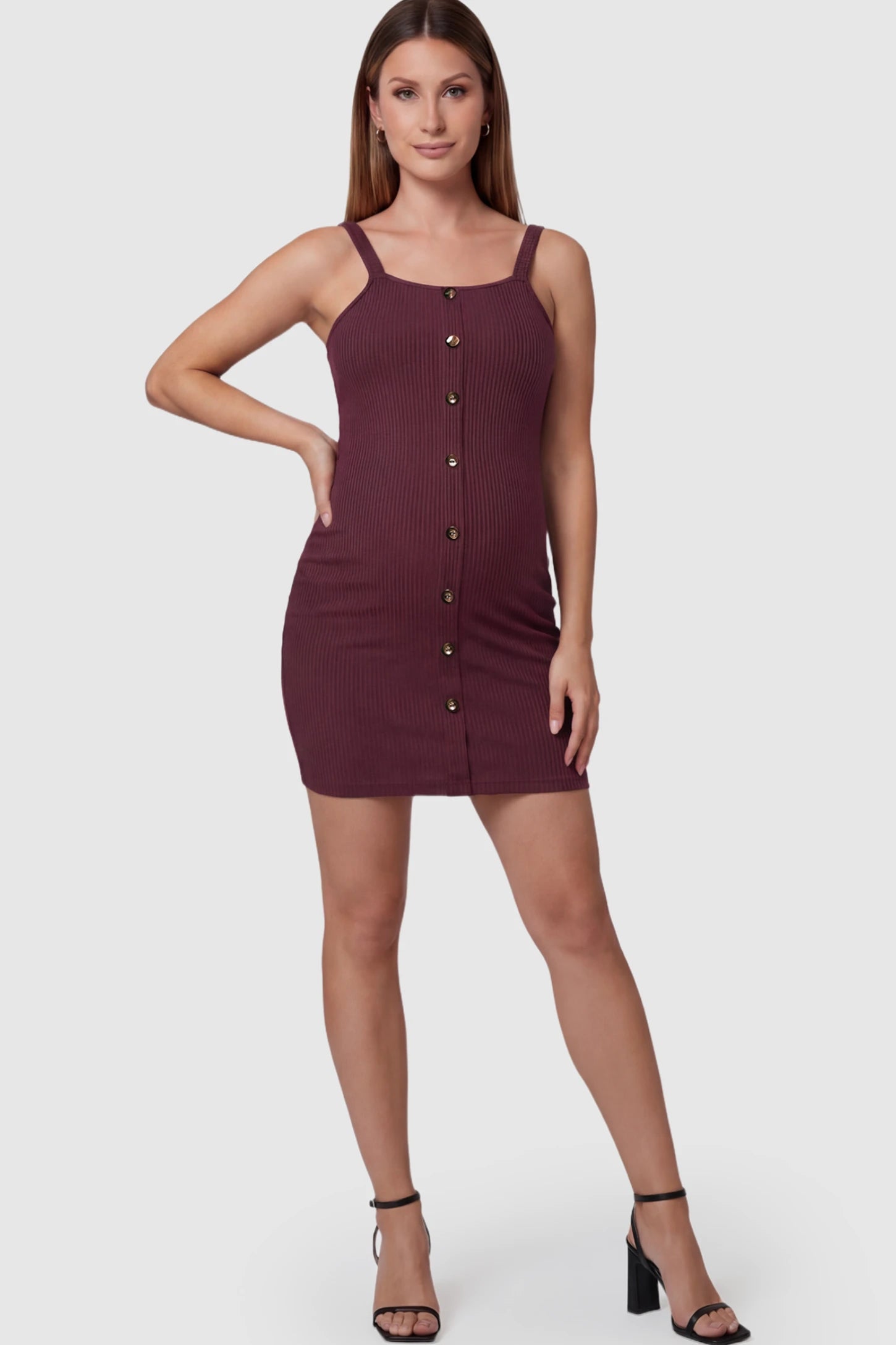 Ribbed Button-Down Bodycon Maternity Short Dress in Burgundy featuring a classic button-front placket on a pregnant model.