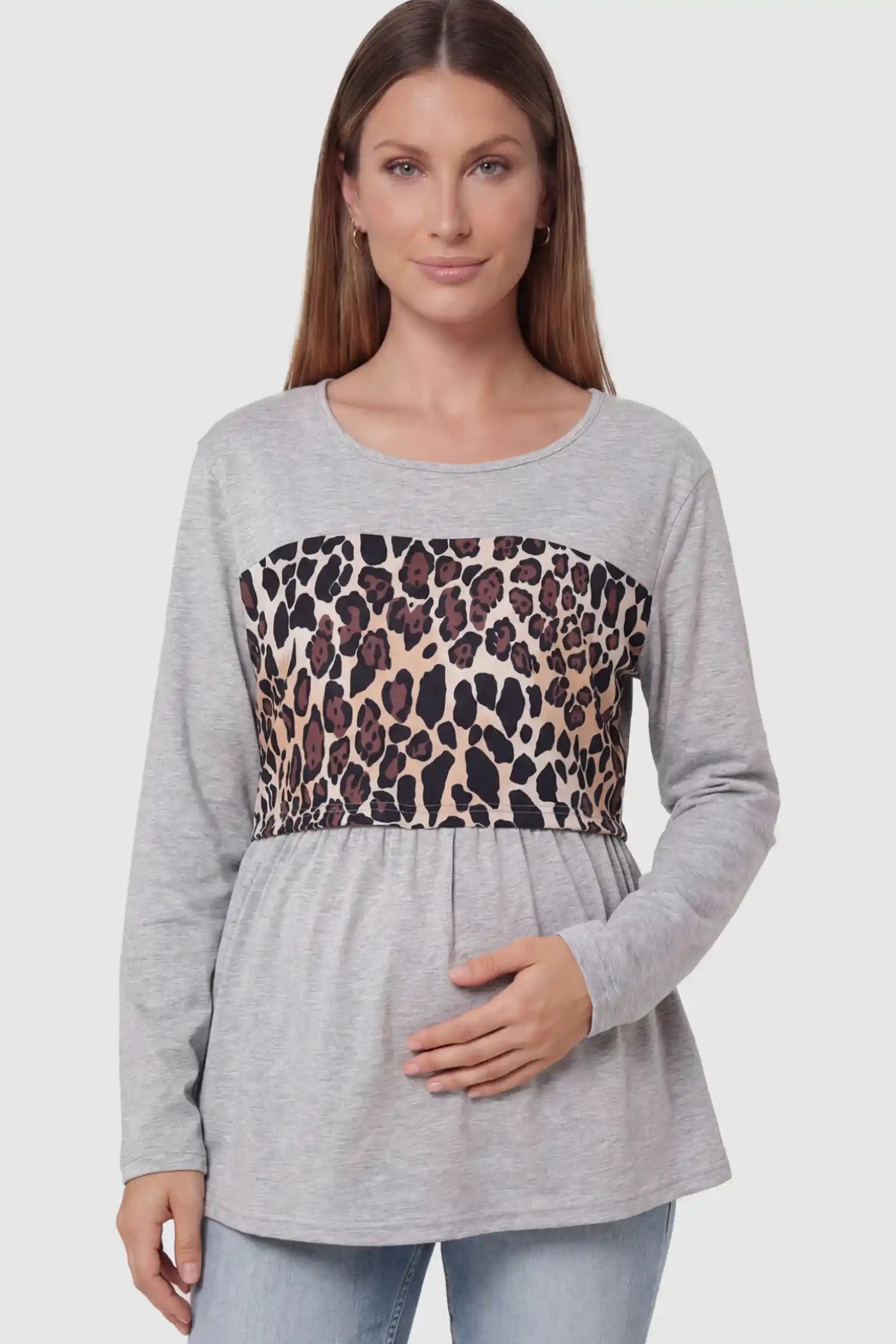 Leopard Print Block Maternity & Nursing Top in gray featuring a lift-up nursing panel on a pregnant model.