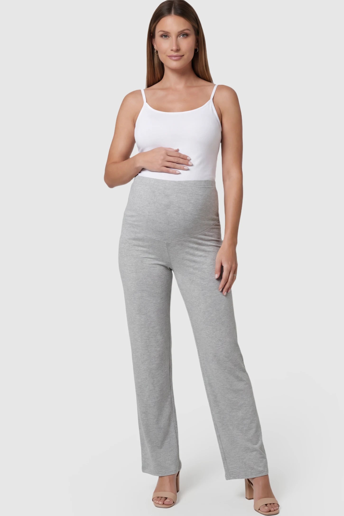 Full Panel High Waist Wide Leg Maternity Lounge Pants in Gray featuring a High-elasticity waistband on a pregnant model.