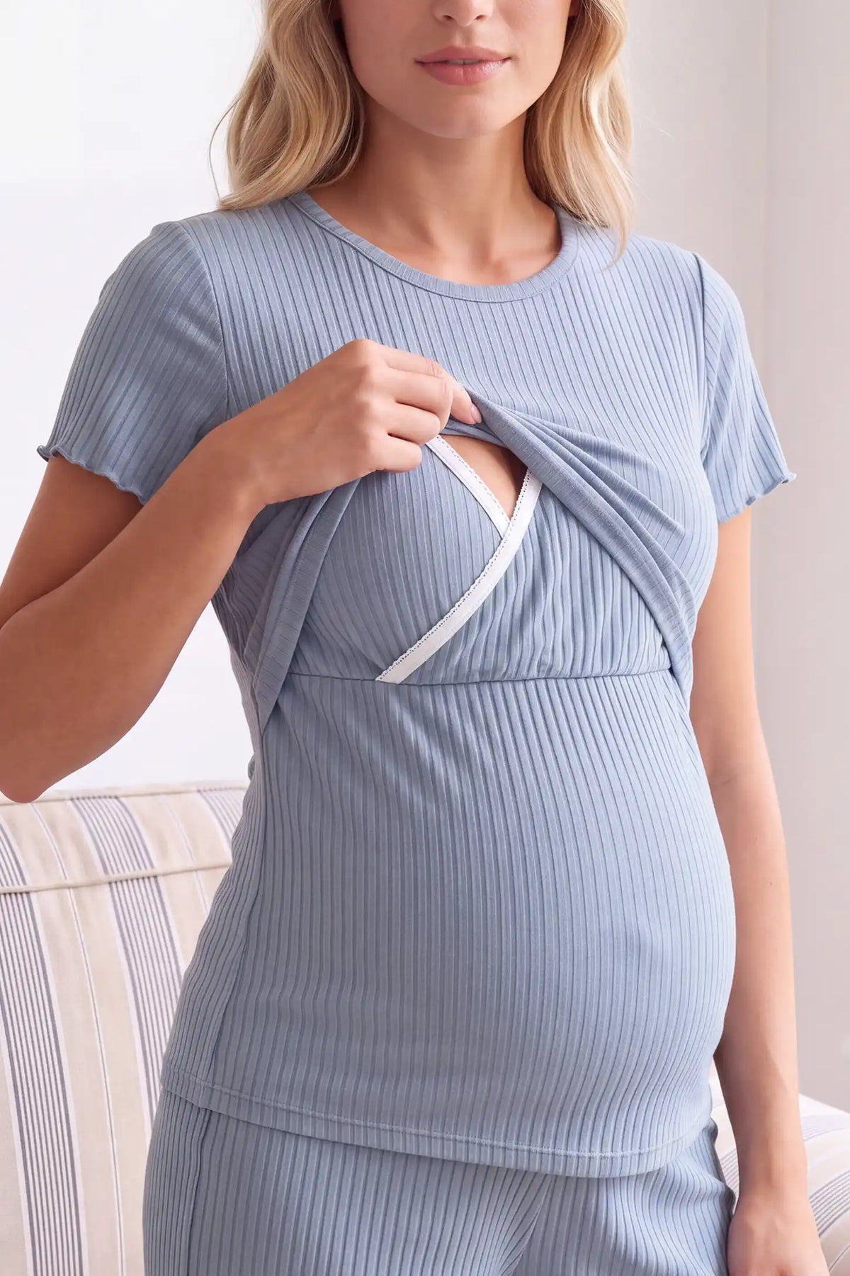 Ribbed Short Sleeve Top & Drawstring Shorts Maternity Nursing Lounge Set