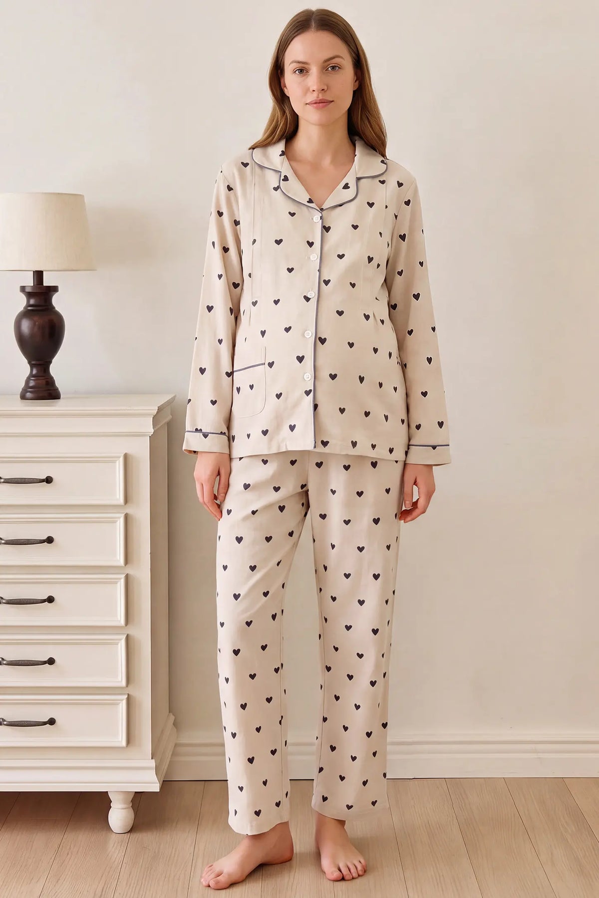 Beige Heart Cotton Gauze Side-Access Nursing Set