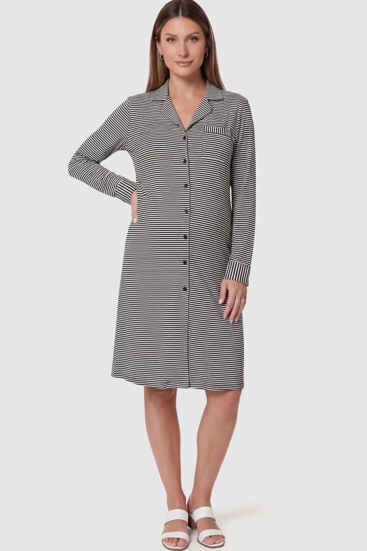 Horizontal Striped Long Sleeve Maternity Nightshirt in Navy Blue featuring a button-down front on a pregnant model.