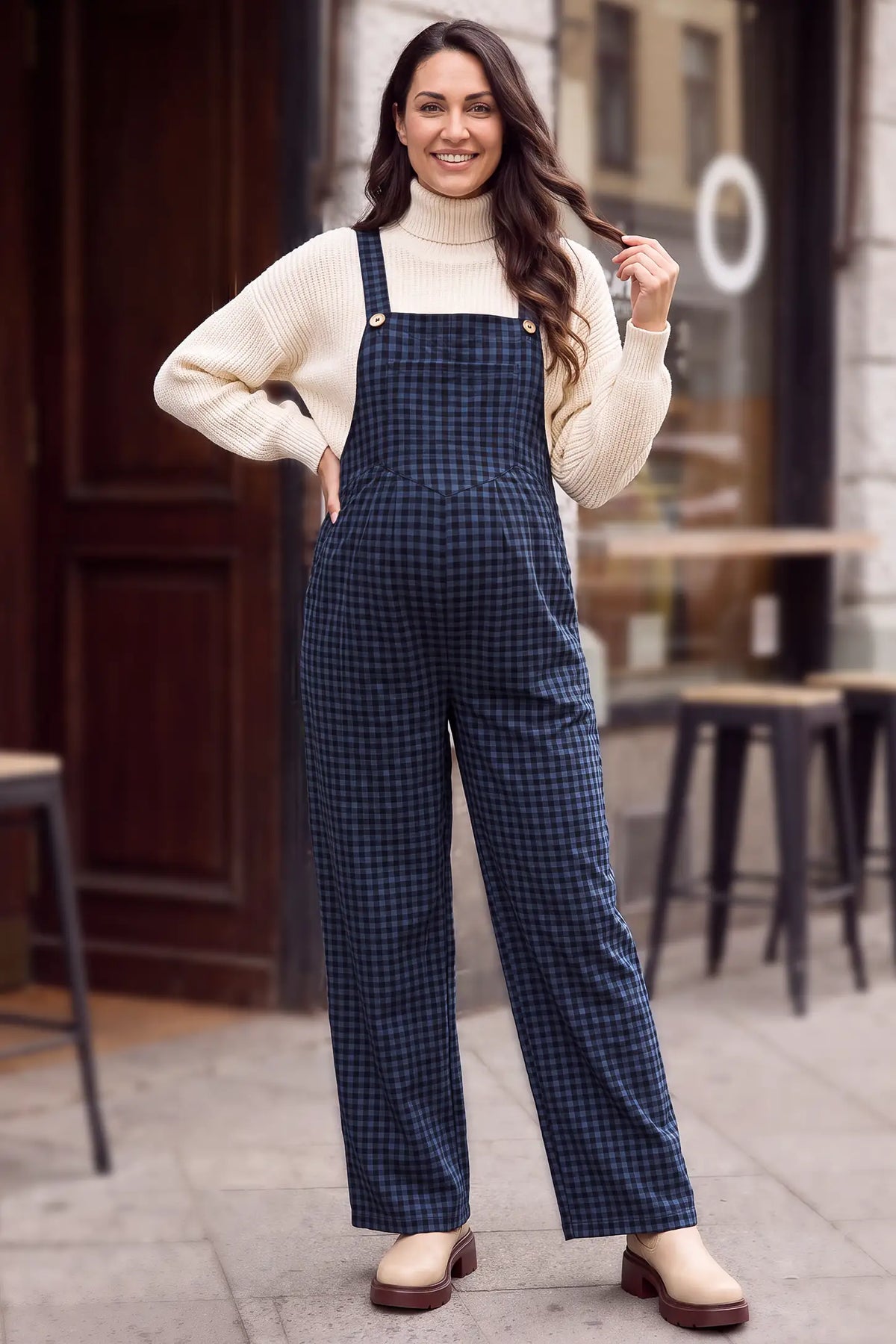 Plaid Square-Neck Button-Detail Maternity Jumpsuit