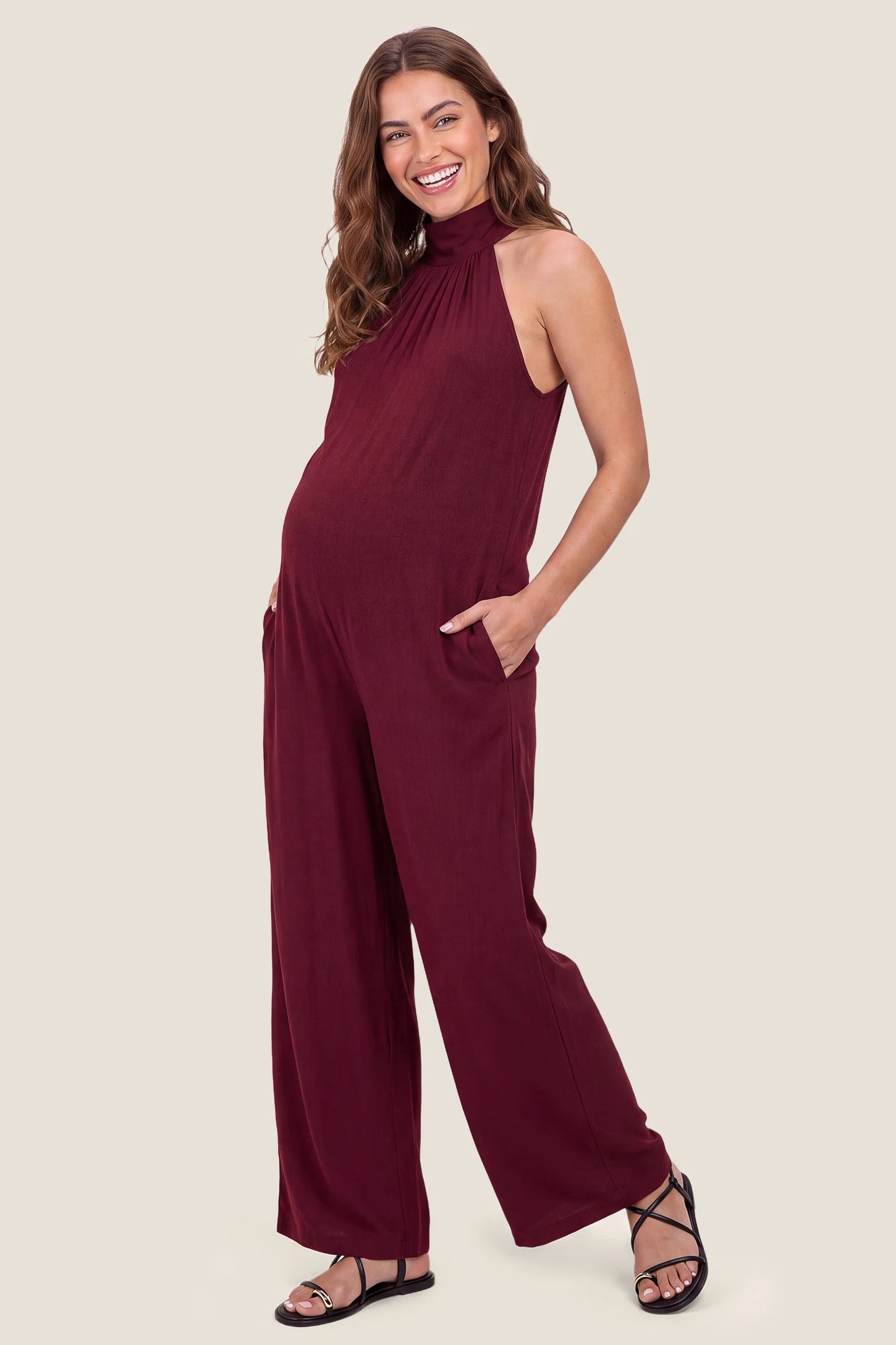 Pocketed Mock Neck Sleeveless Maternity Jumpsuit
