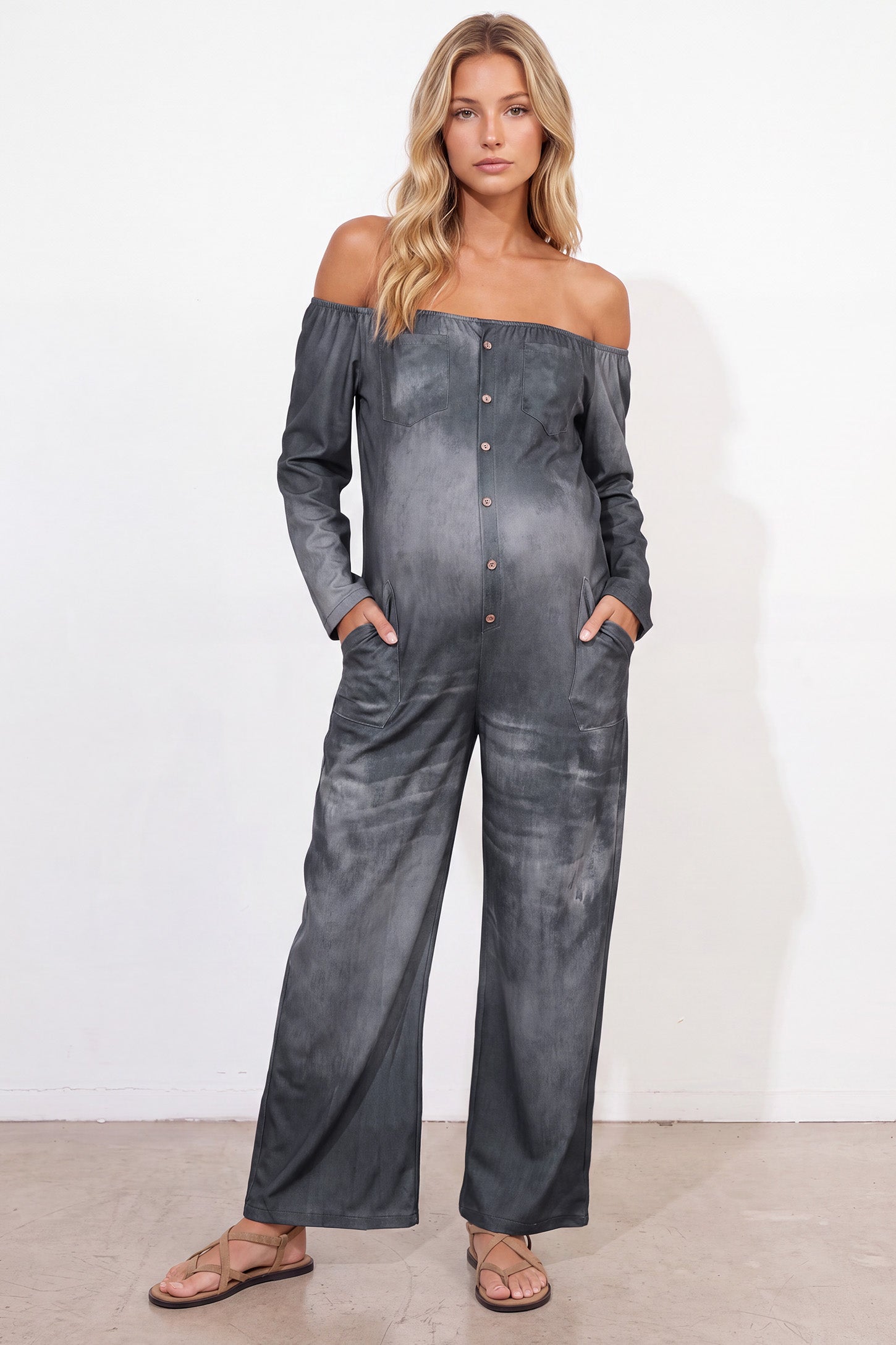 Trendy Washed-Look Off-Shoulder Maternity Jumpsuit
