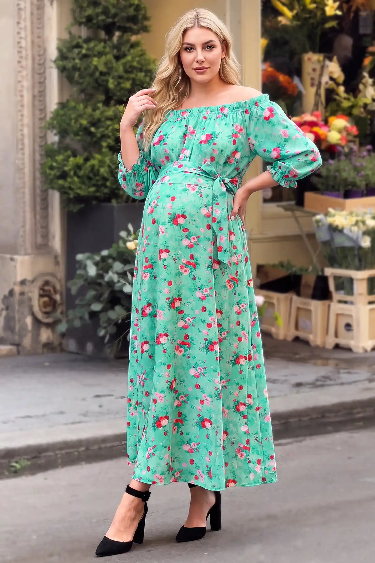 Off Shoulder Flounce Sleeve Floral Maternity Maxi Dress