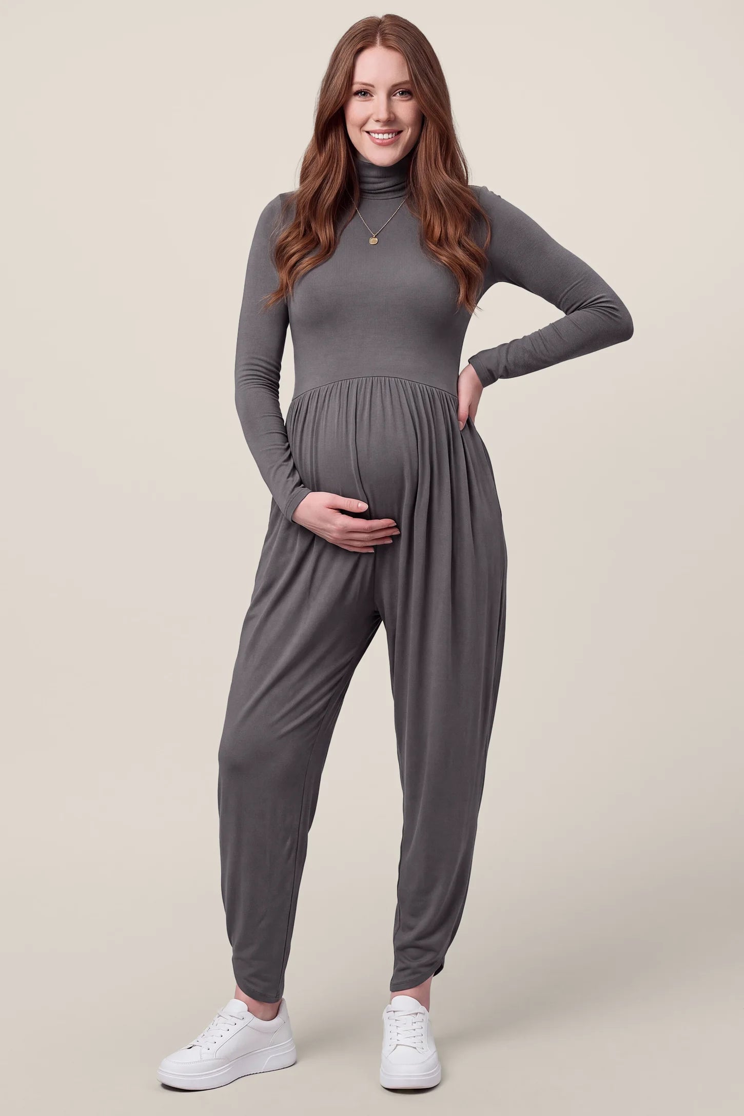 Long-Sleeve Turtleneck Maternity Jumpsuit