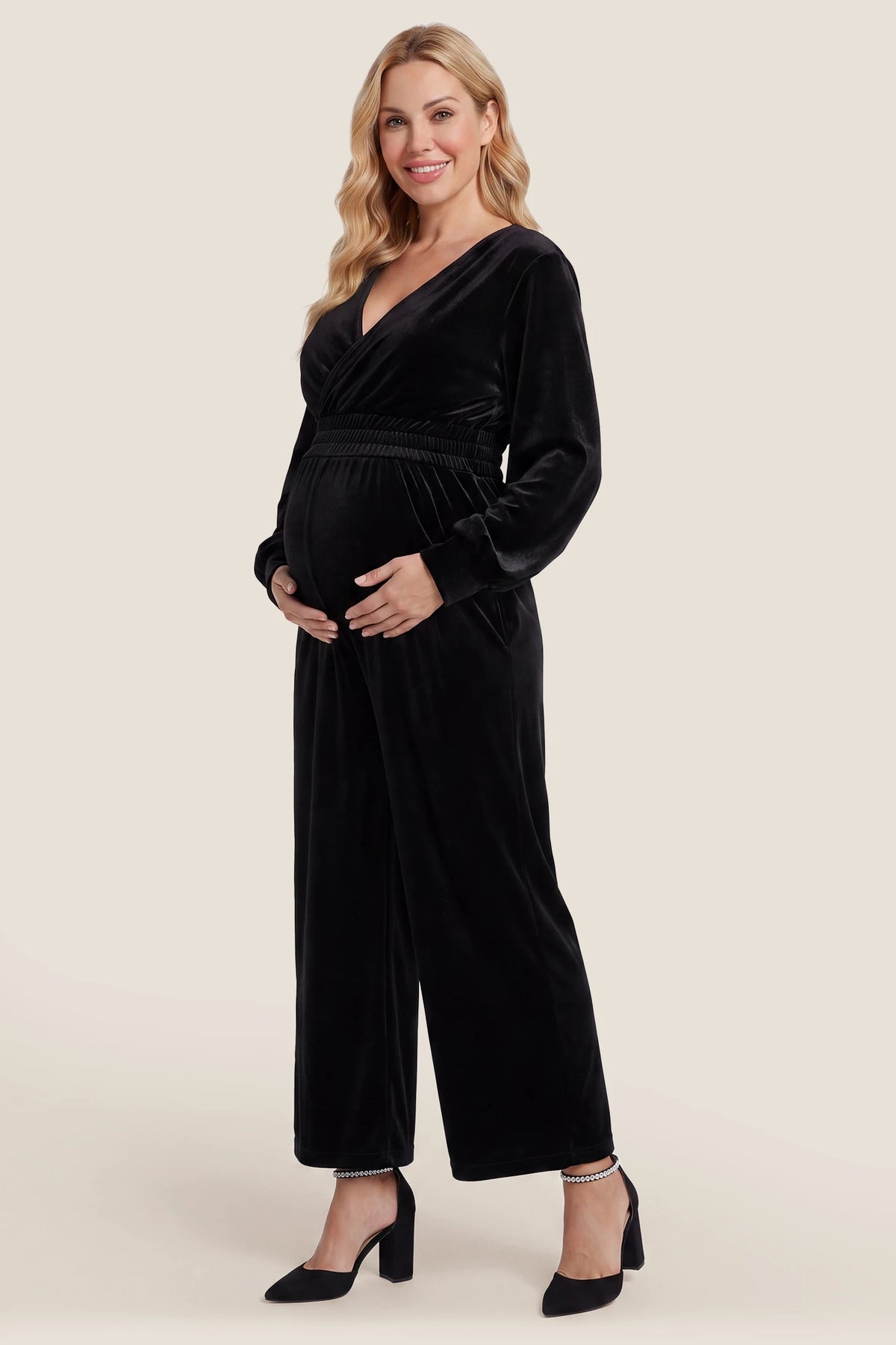 Long Sleeve Velvet Maternity Wrap Jumpsuit