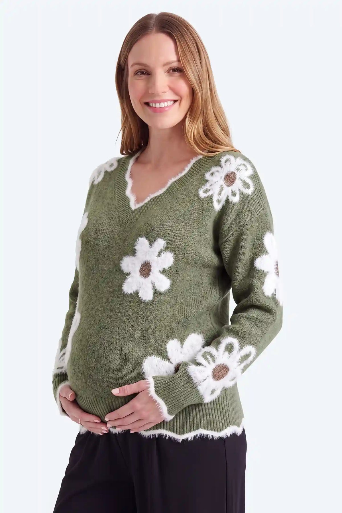 Maternity V-Neck Statement Flower Knit Sweater