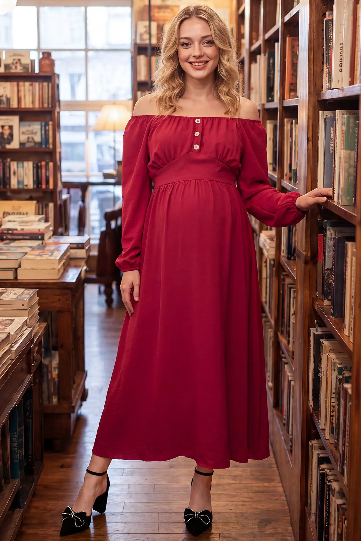 Off Shoulder Lantern Sleeve Smocked Maternity Maxi Dress