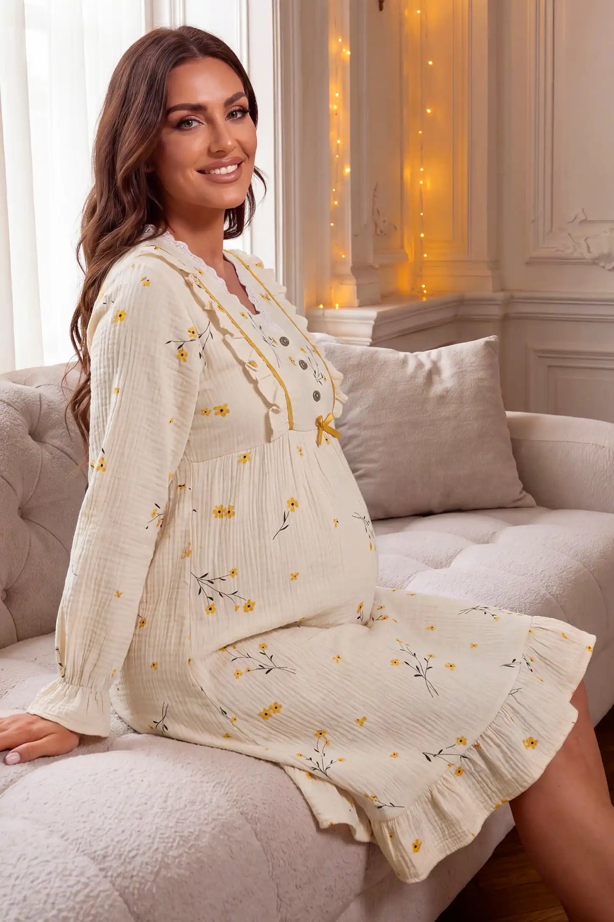 Cotton Gauze Ruffle Maternity Nightgown