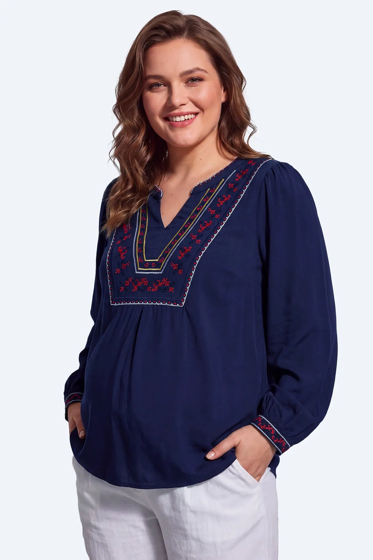 Embroidered Boho V-Neck Maternity Blouse