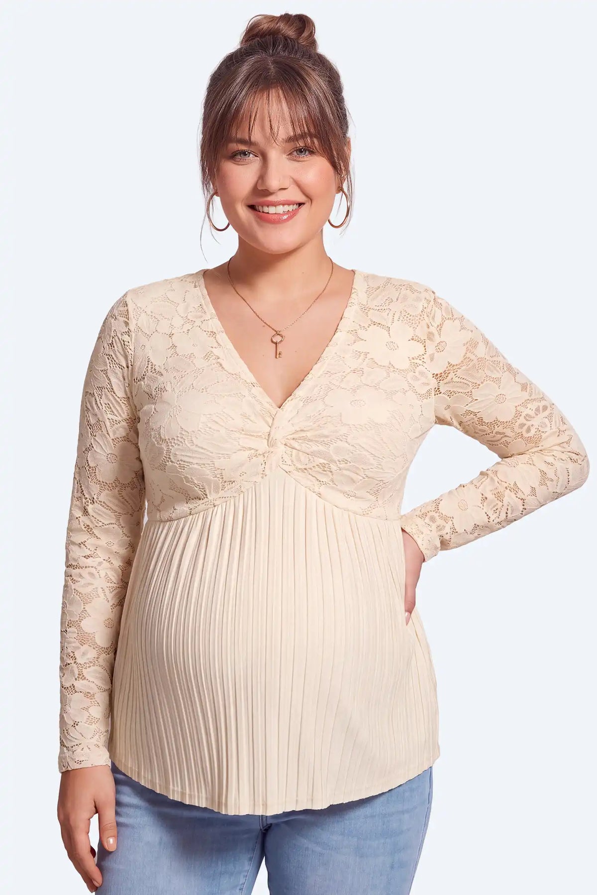 Maternity Floral Lace Pleated Tunic Top