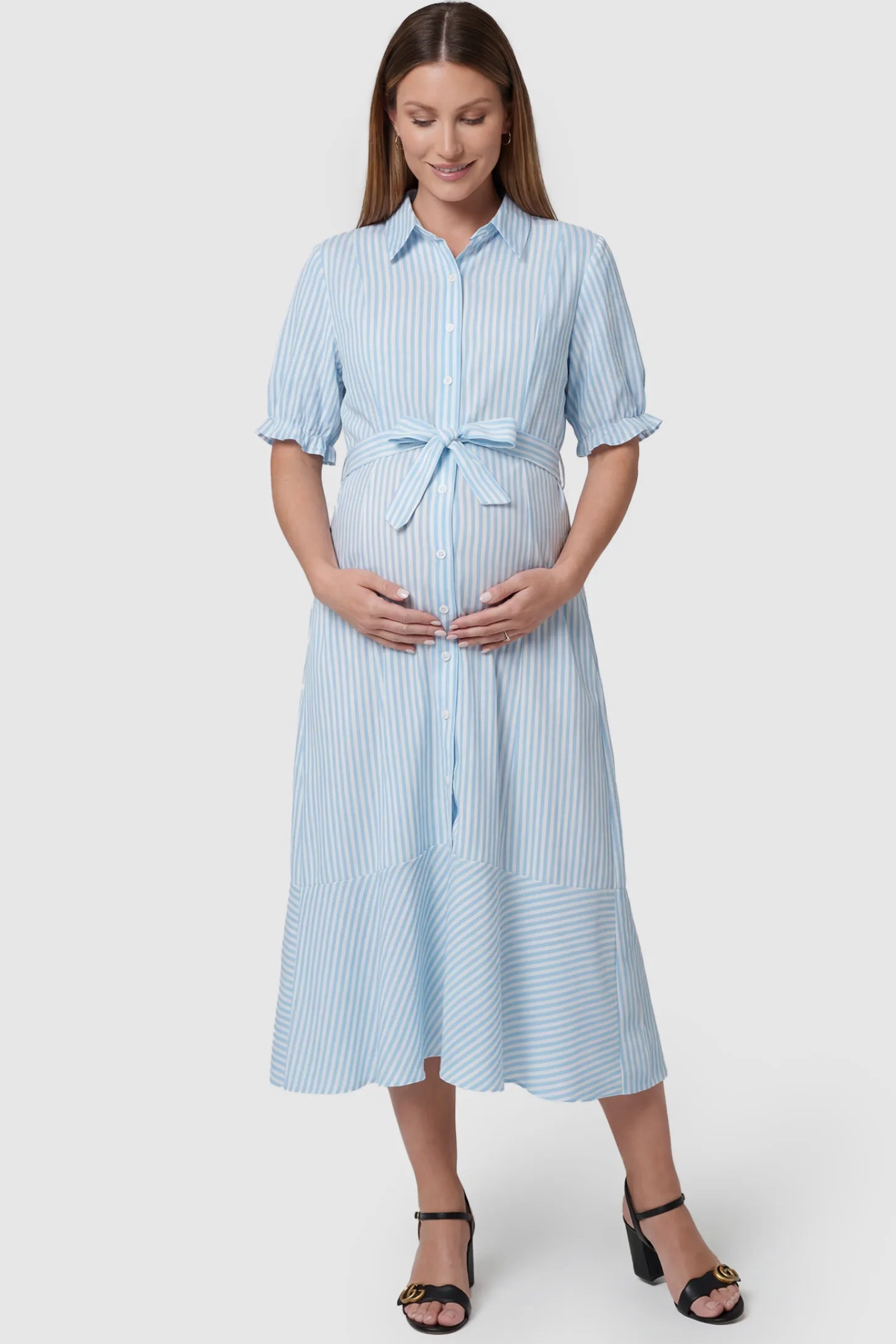 Striped Lapel Puff Sleeve A-Line Midi Maternity Dress in Blue featuring waist tie bow in full body front view on a pregnant model