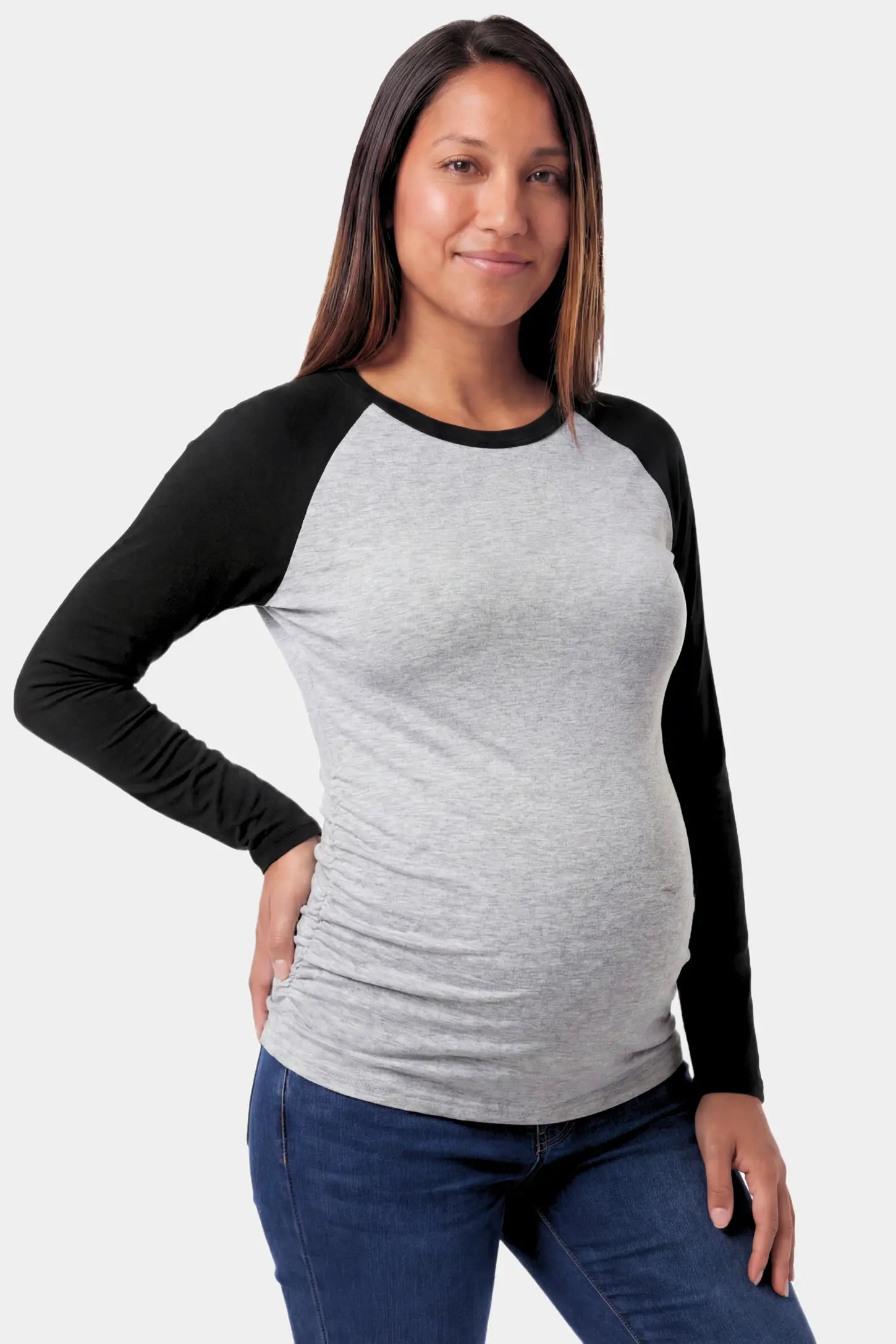 Ruched Raglan Sleeve Maternity Top in black featuring a round neckline and gentle ruching on a pregnant model.