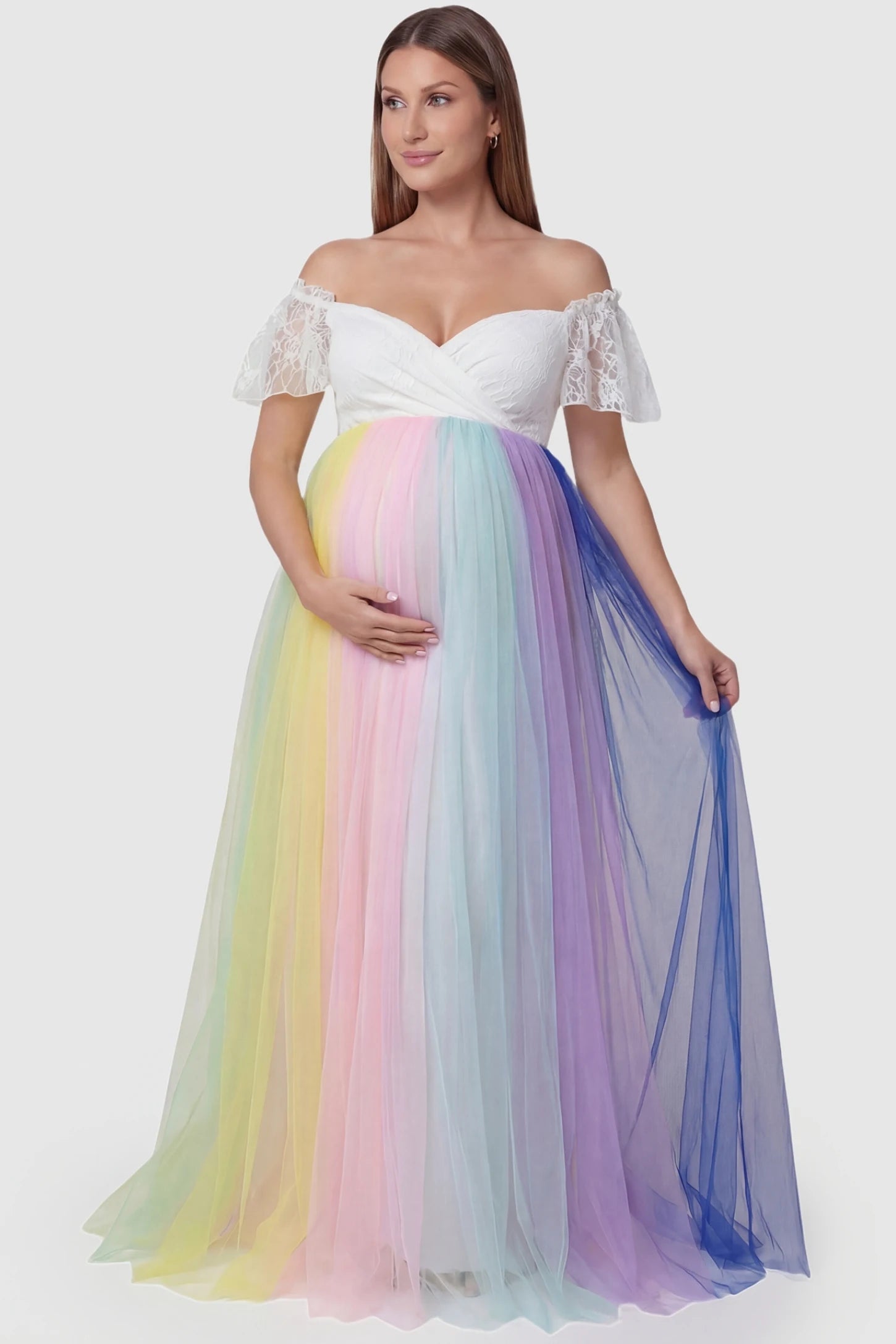 Off-Shoulder Rainbow Tulle Maternity Photoshoot Dress in White featuring a lace bodice on a front-facing pregnant model.